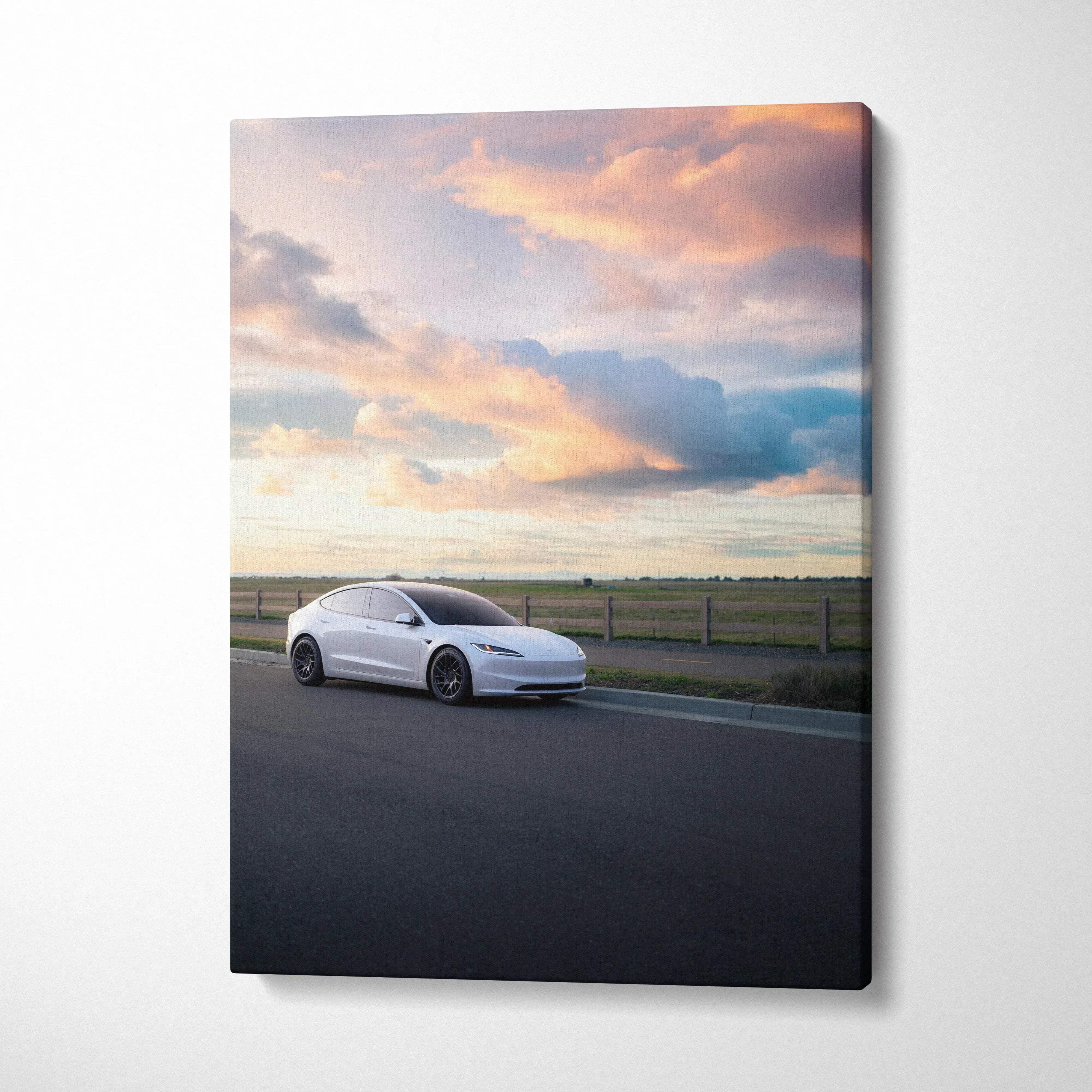 Tesla Model 3 Highland parked on road at sunset vertical canvas wall art with soft clouds.