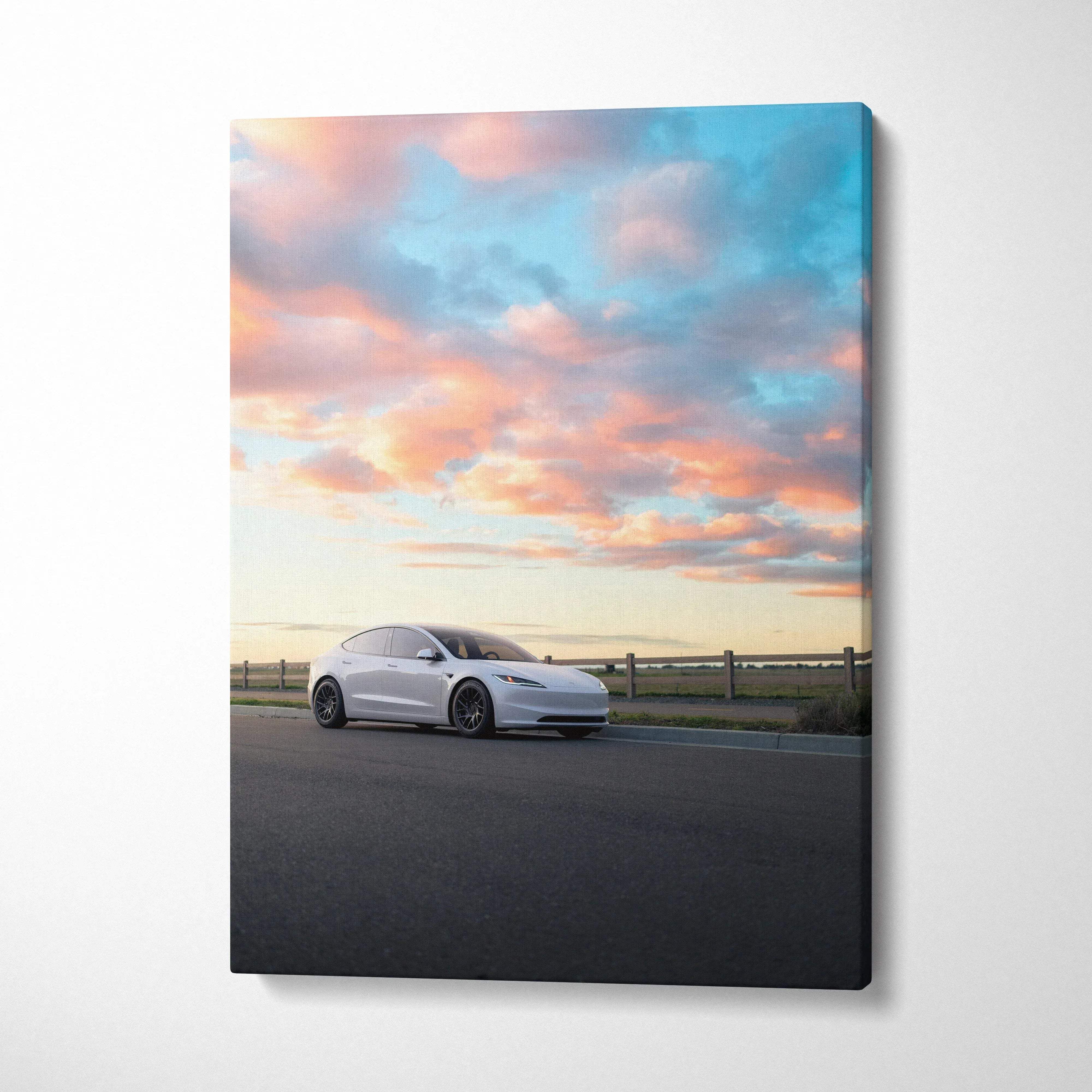 Tesla Model 3 Highland parked at sunset under colorful sky on vertical canvas wall art.