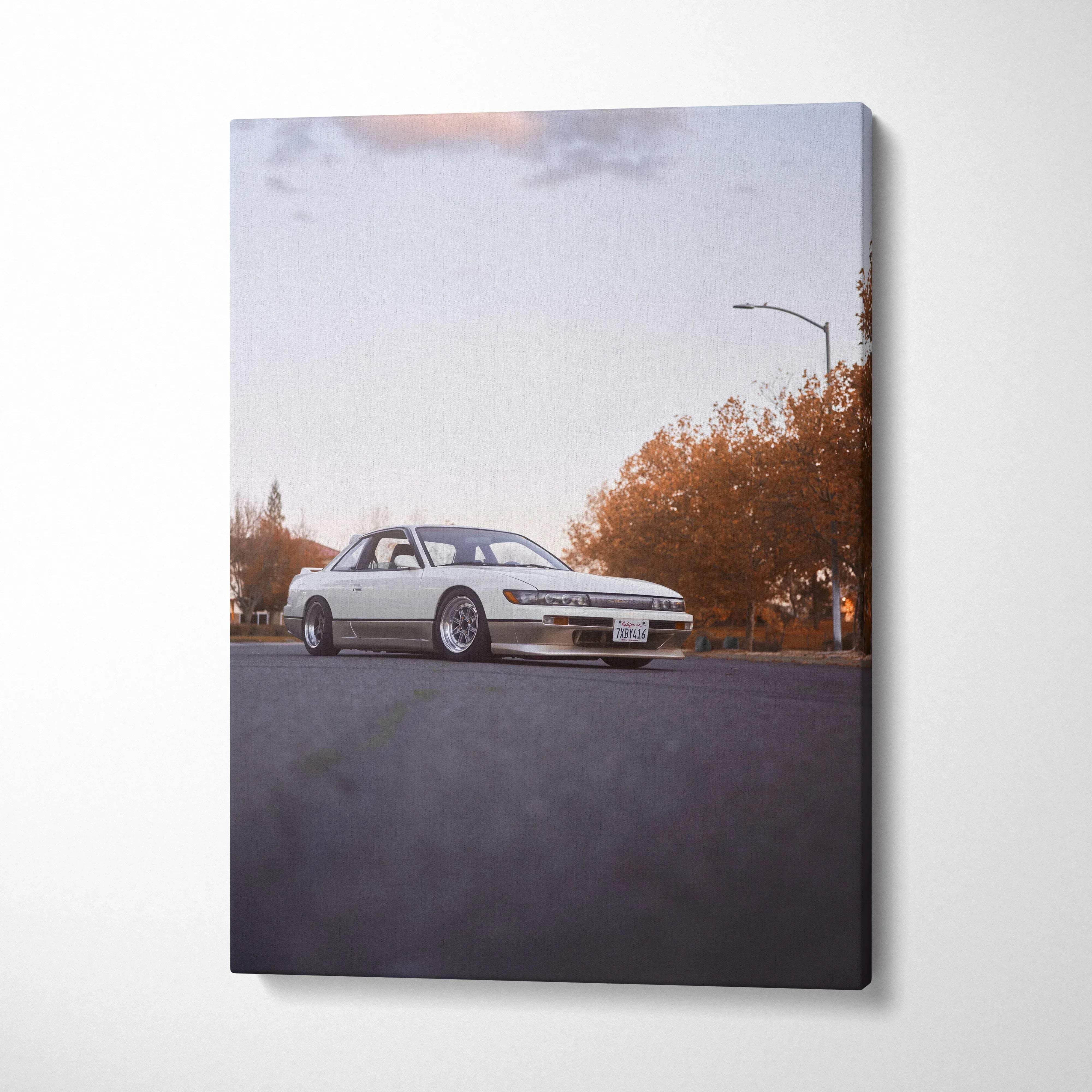 Nissan 240sx S13 Silvia car canvas art with soft autumn background, vertical wall art print.