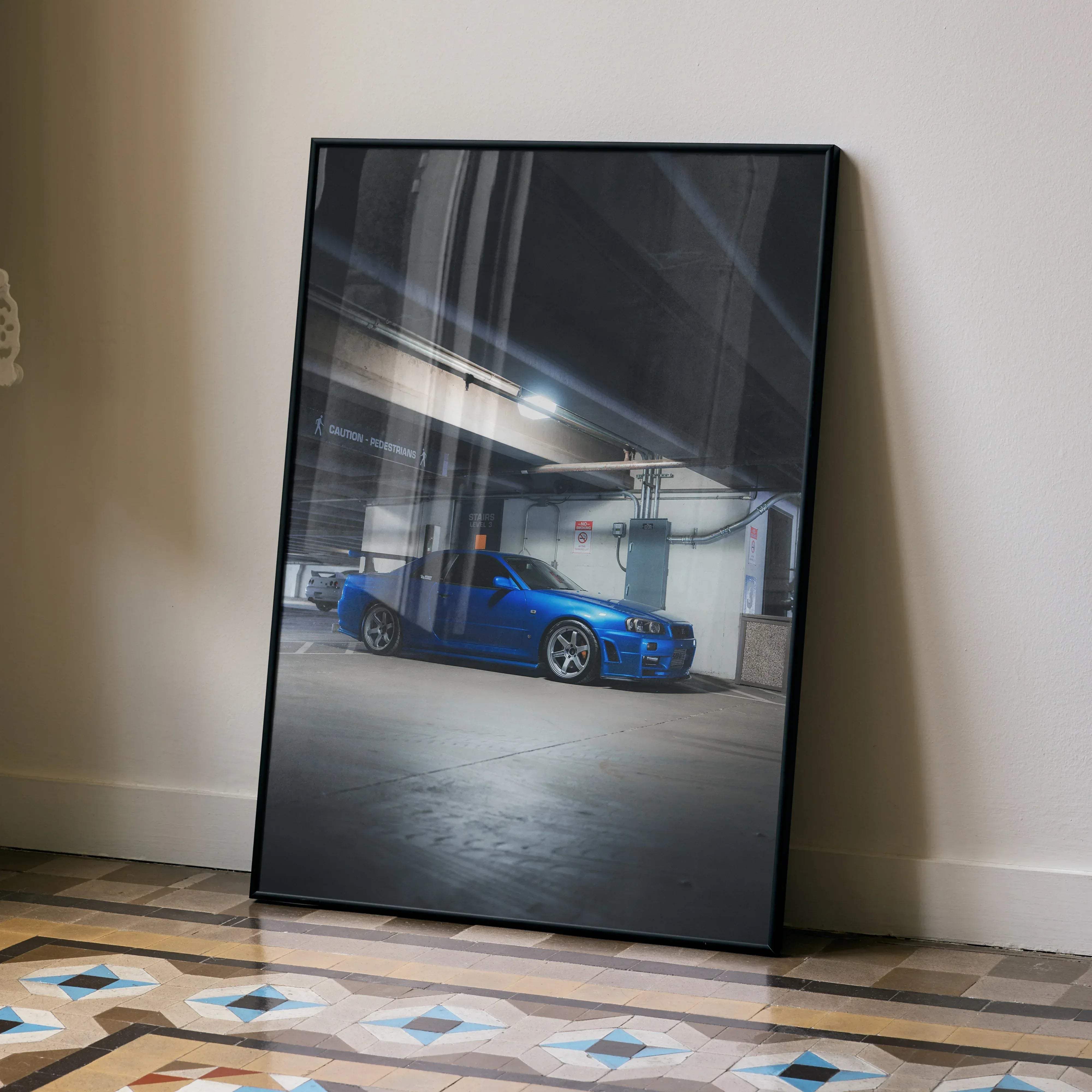 Blue Nissan R34 GTR Skyline sports car high resolution poster in a black frame for wall decoration