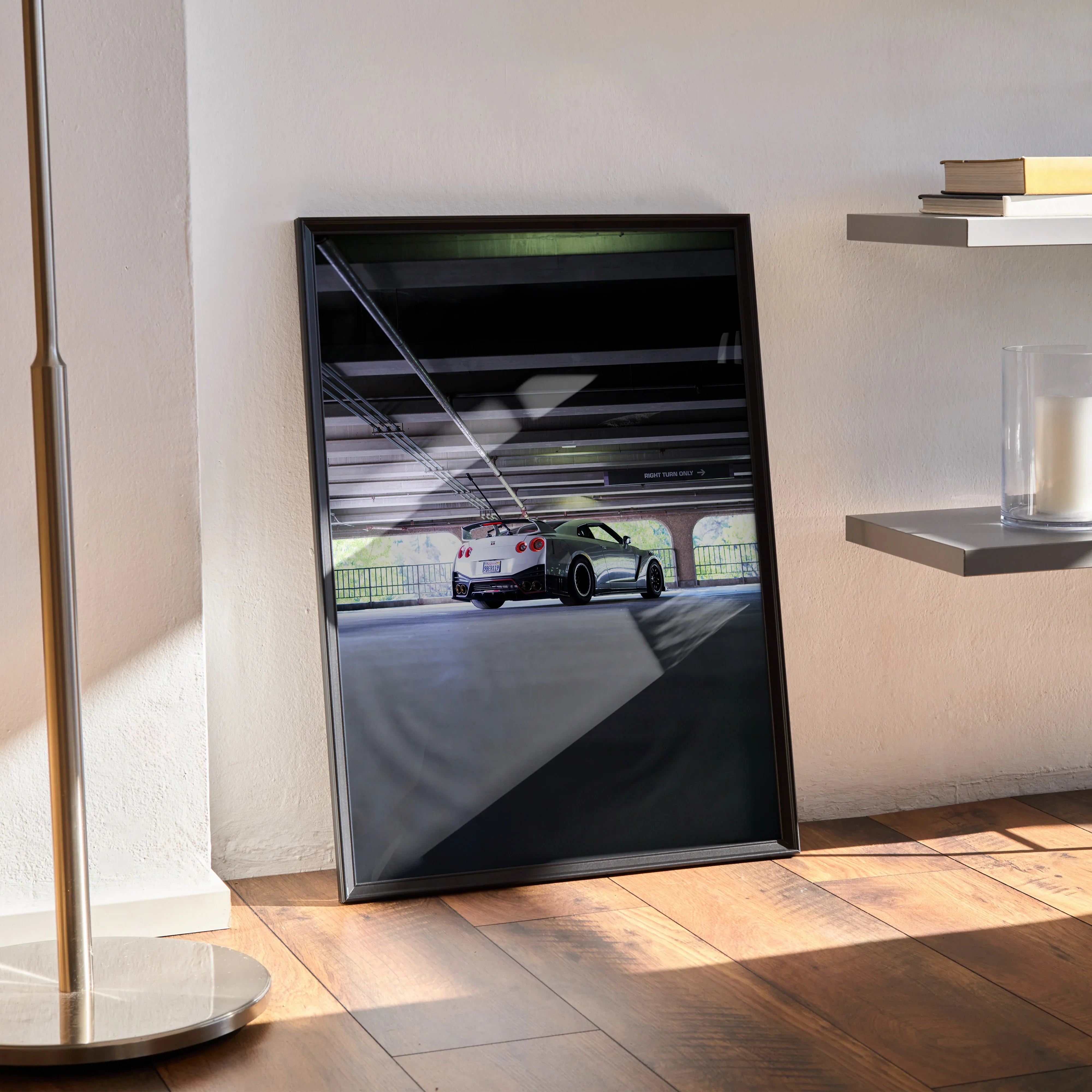 Nissan GTR R35 sports car poster with urban tunnel background framed as modern wall art.