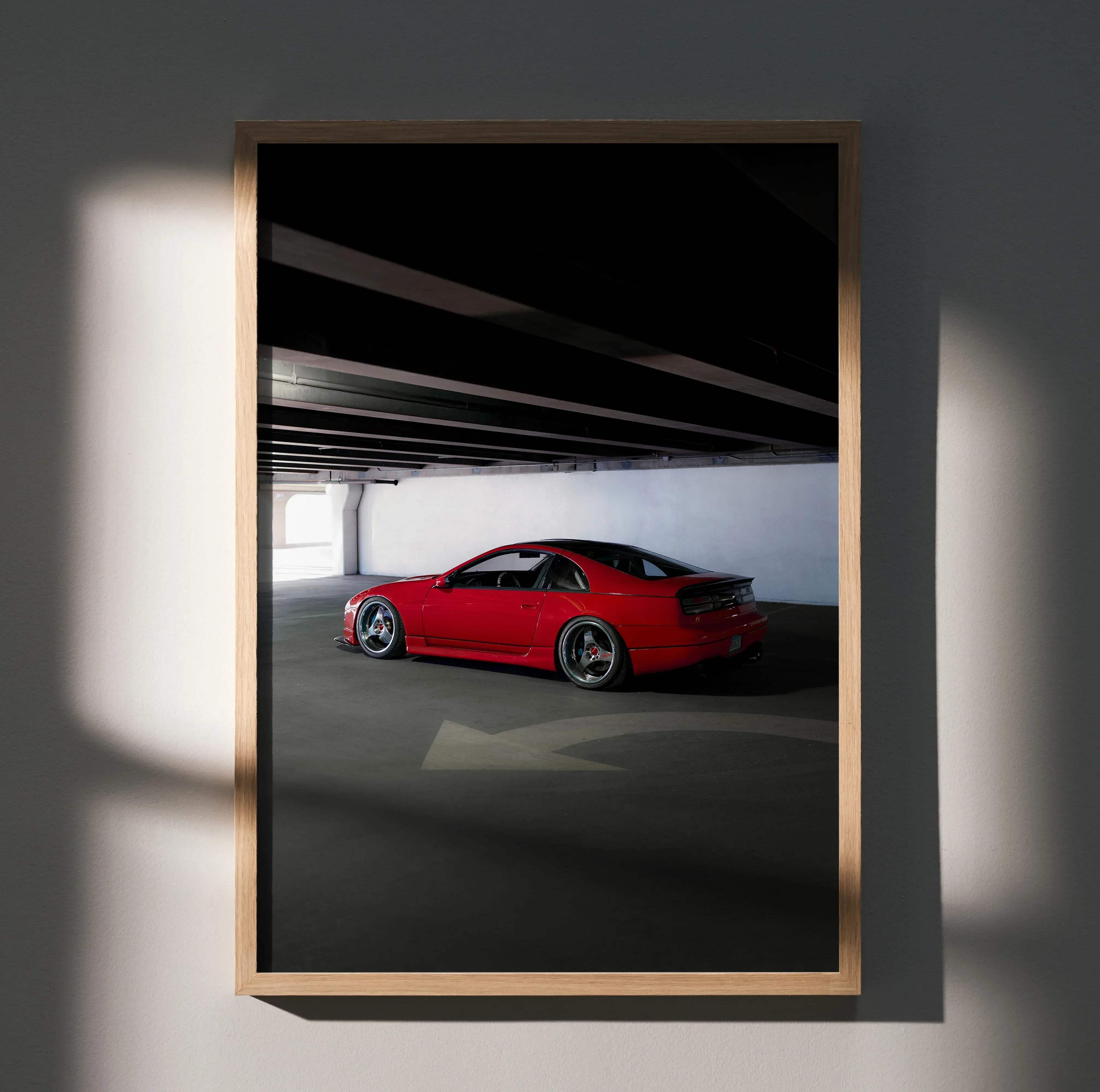 Red nissan 180sx sports car poster in a light wood frame featured in the nissan 300zx skyline high resolution car poster 003