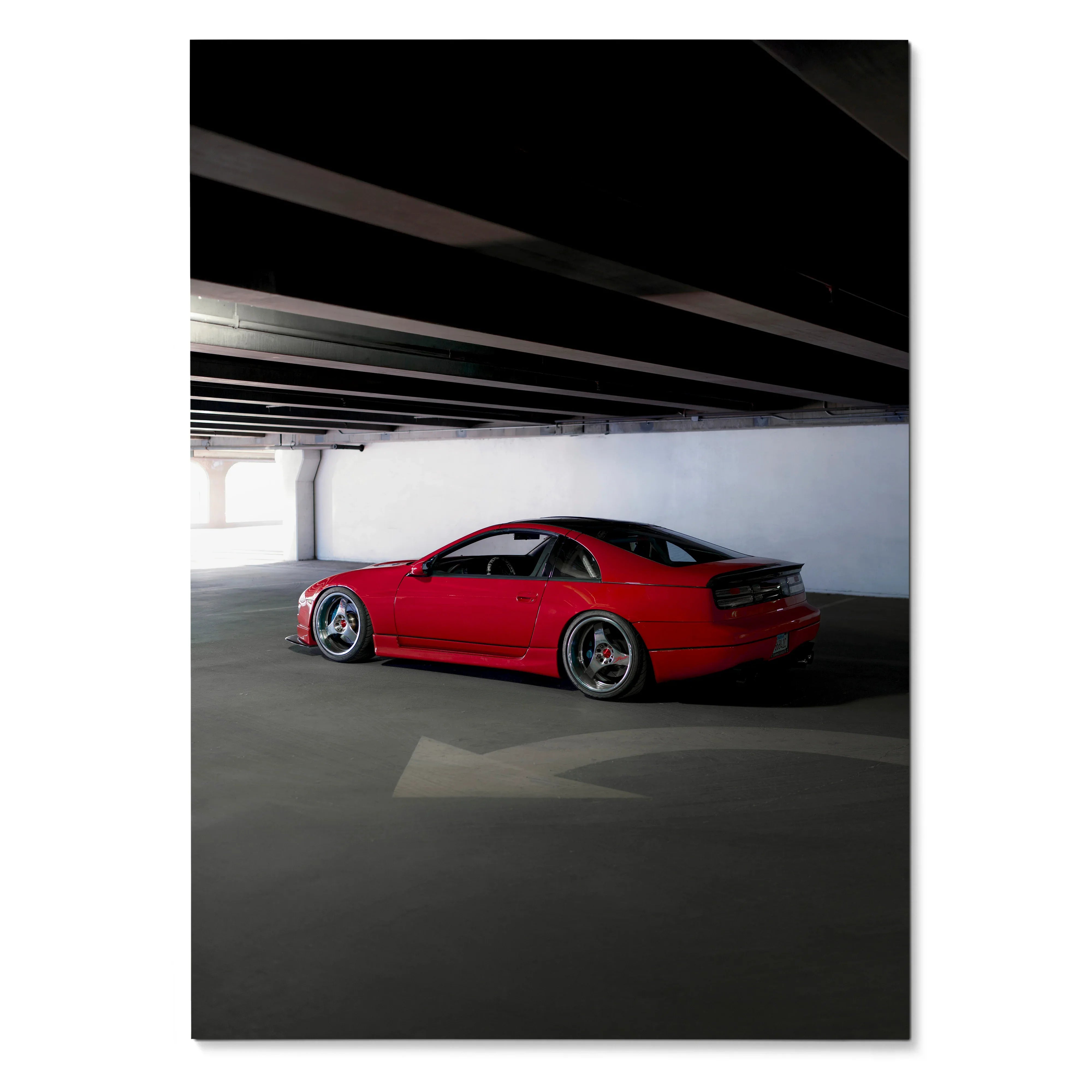 Red Nissan 300ZX sports car parked under dark overpass in high-resolution poster wall art.