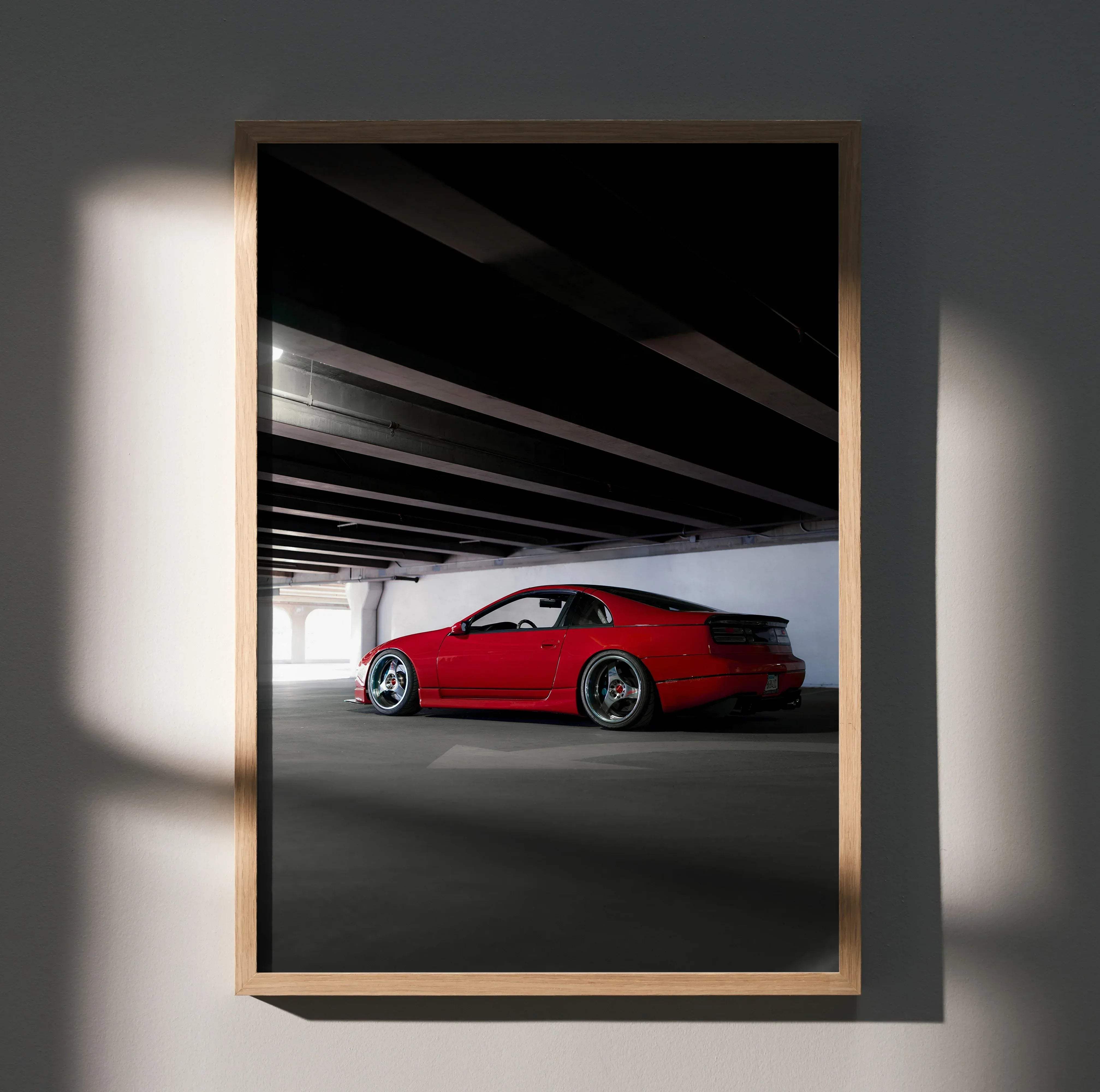 Red Nissan 300ZX sports car poster in a light wood frame showcasing a high resolution Nissan 300ZX Skyline design