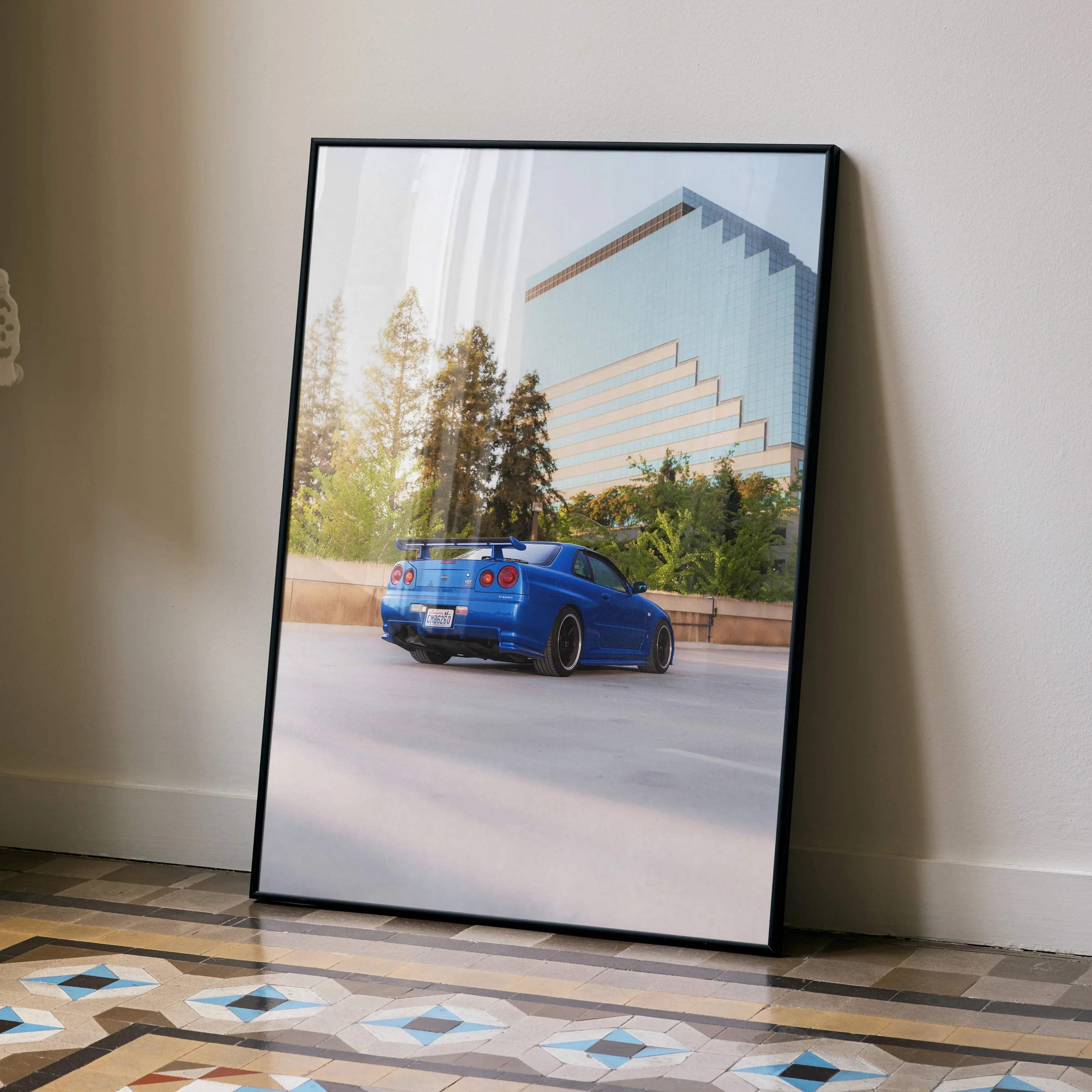 Blue nissan skyline r34 gtr sports car high resolution poster in a black frame for wall decor