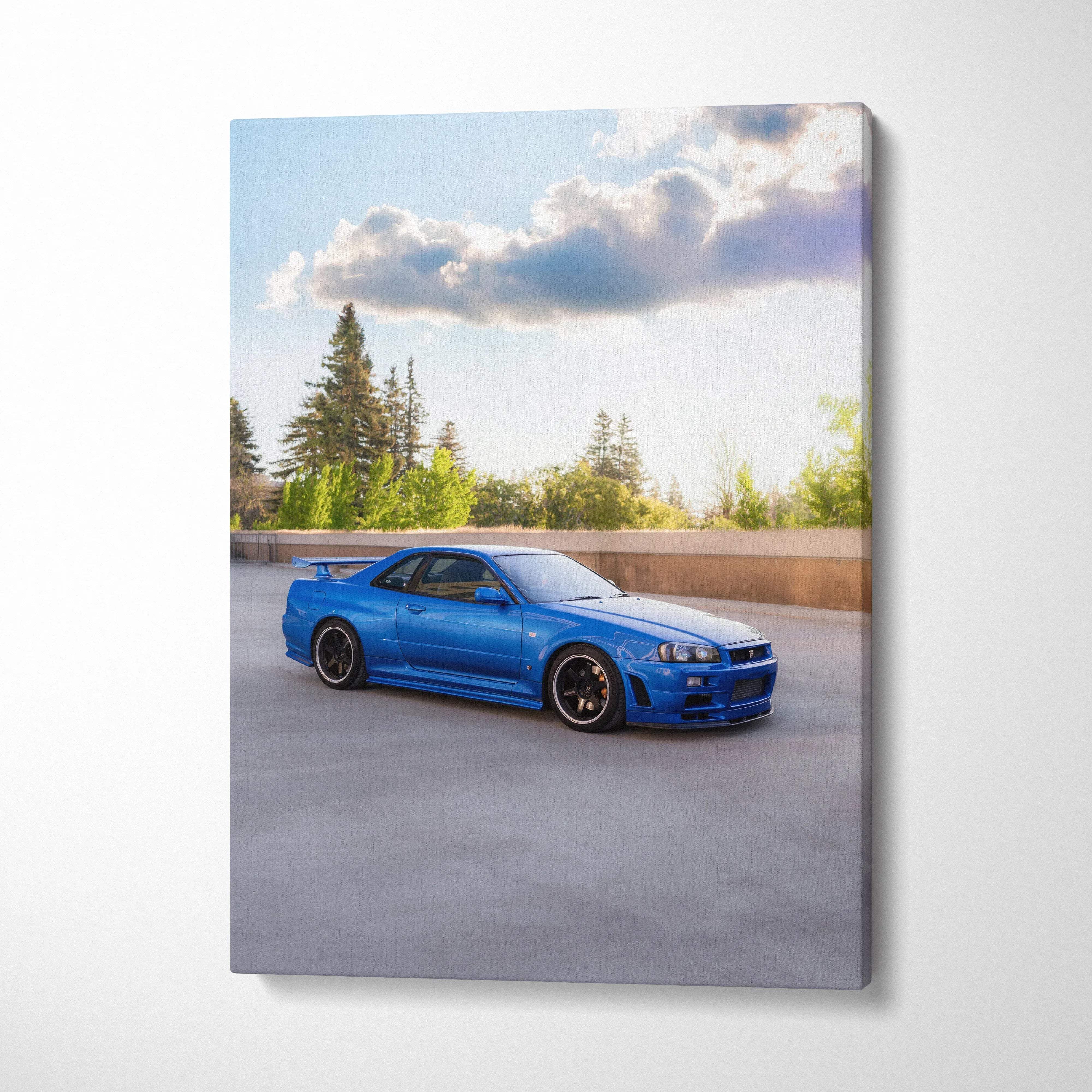 Blue Nissan GTR R34 Skyline canvas art with scenic background, vertical wall art print.