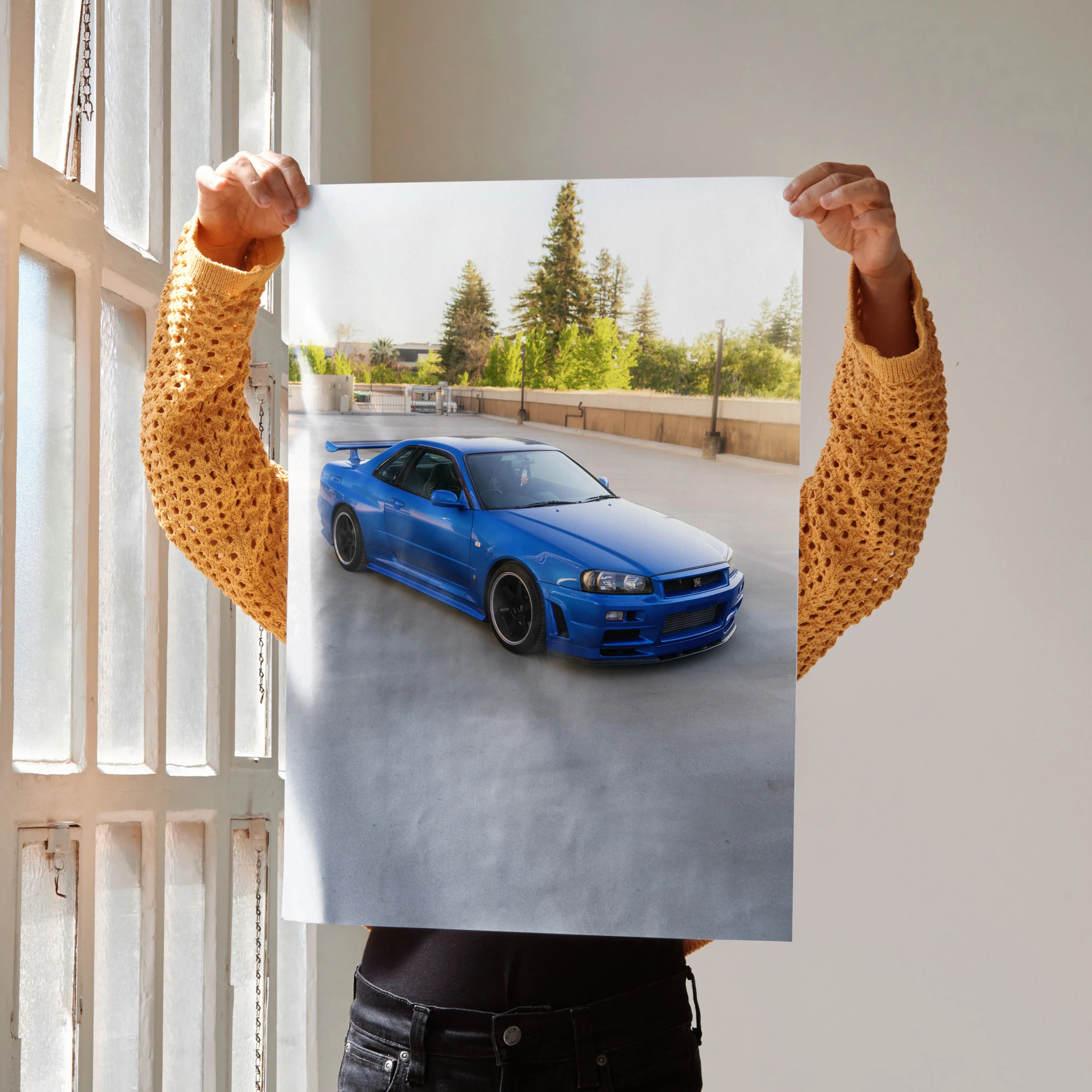 Nissan R34 GTR Skyline blue sports car poster with forest background wall art.