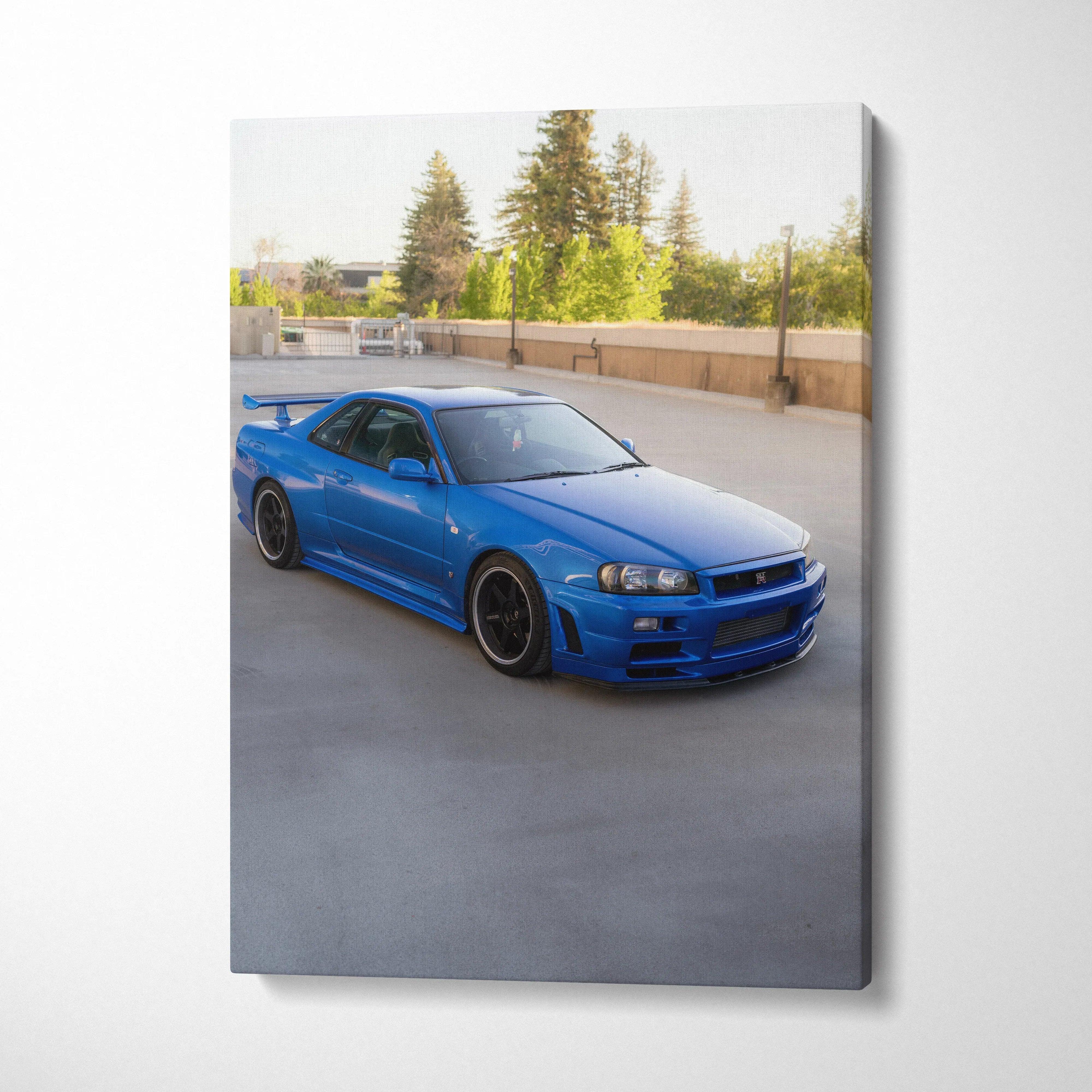 Blue Nissan R34 GTR on street background high resolution vertical canvas wall art.