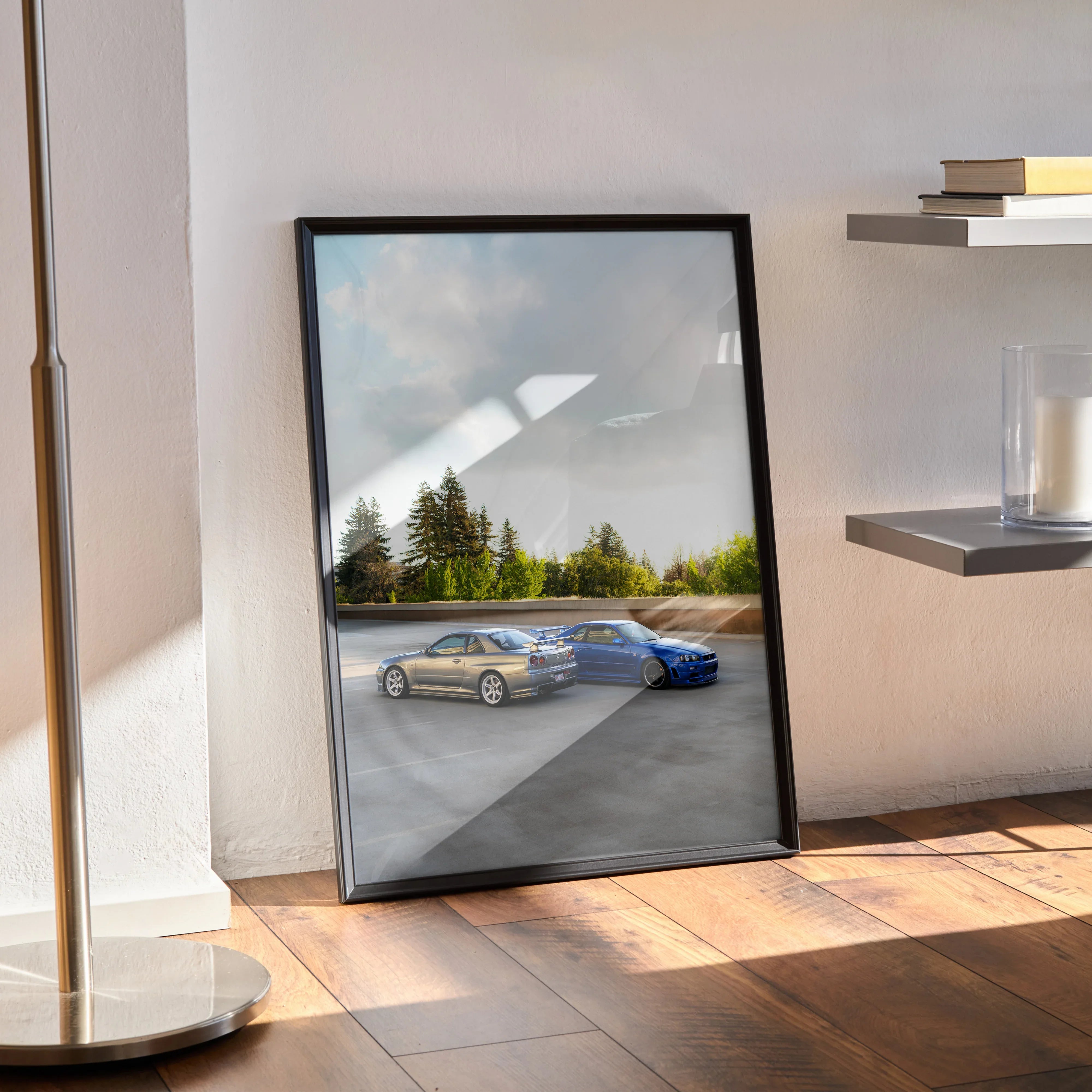 Nissan R34 GTR Skyline poster with sunset and forest background, modern wall art in black frame.