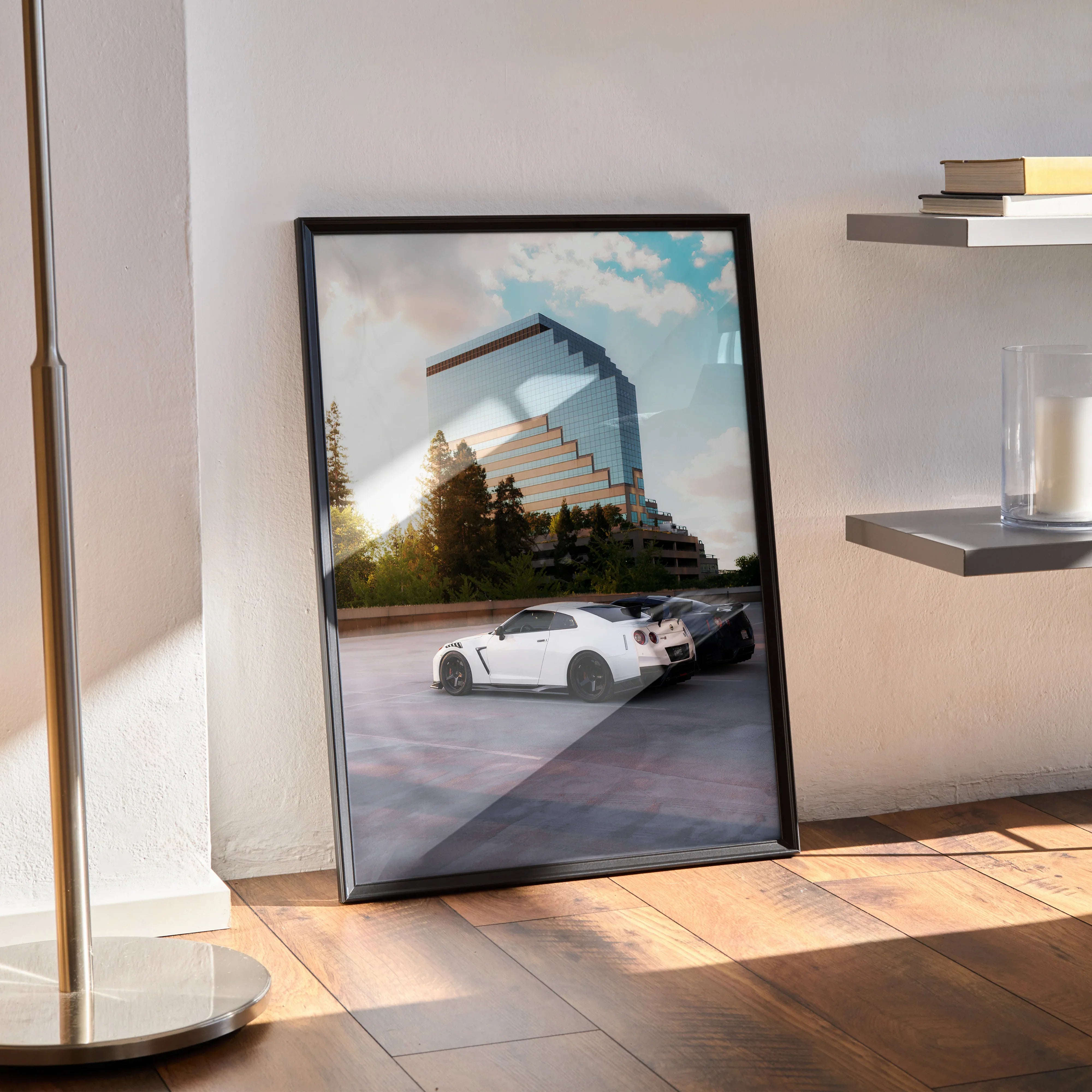 Nissan GTR R35 high resolution poster wall art with sleek white sports car and modern building reflection.