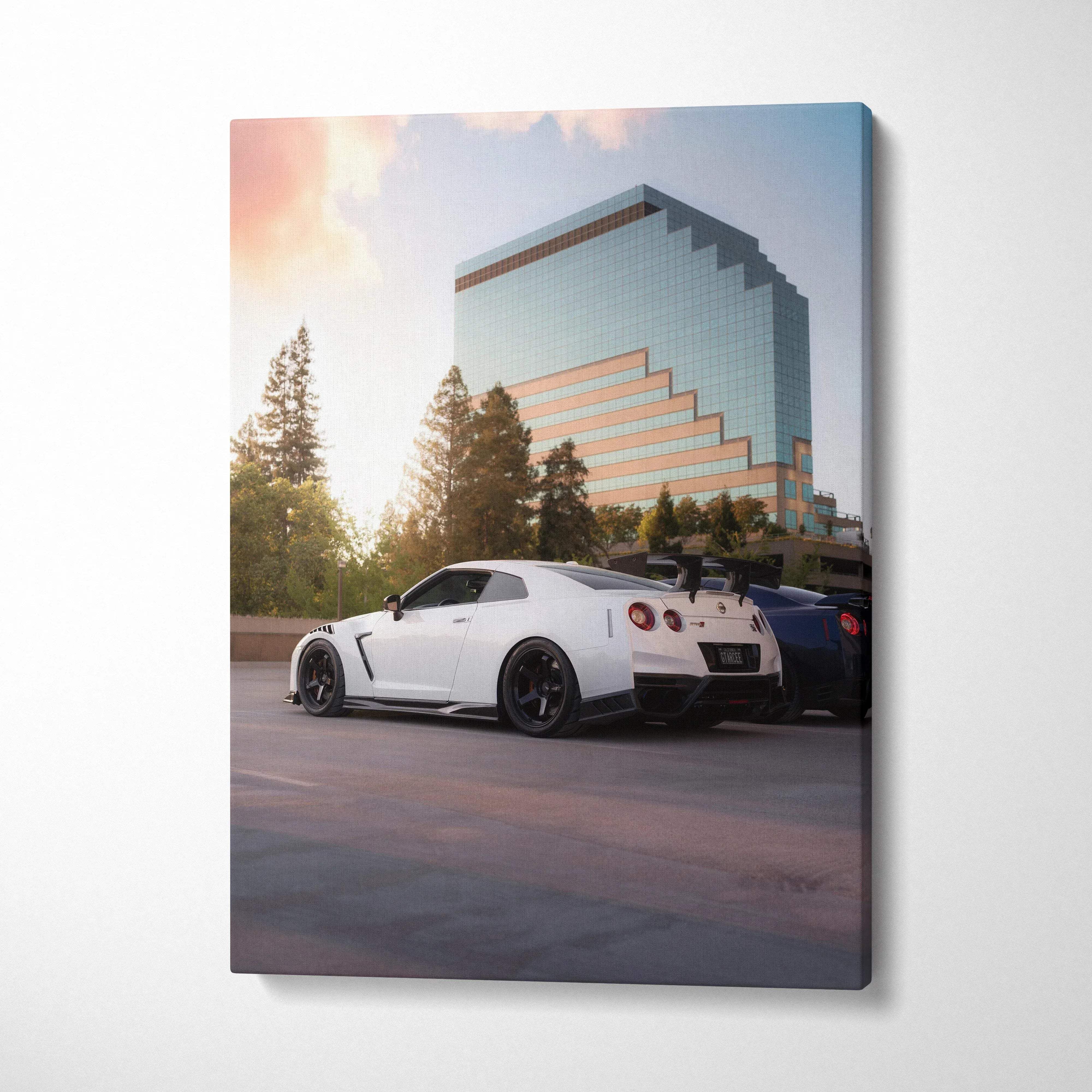 Canvas wall art automotive nissan gtr r35 white high resolution vertical print featuring a white nissan gt-r with black rims and spoiler