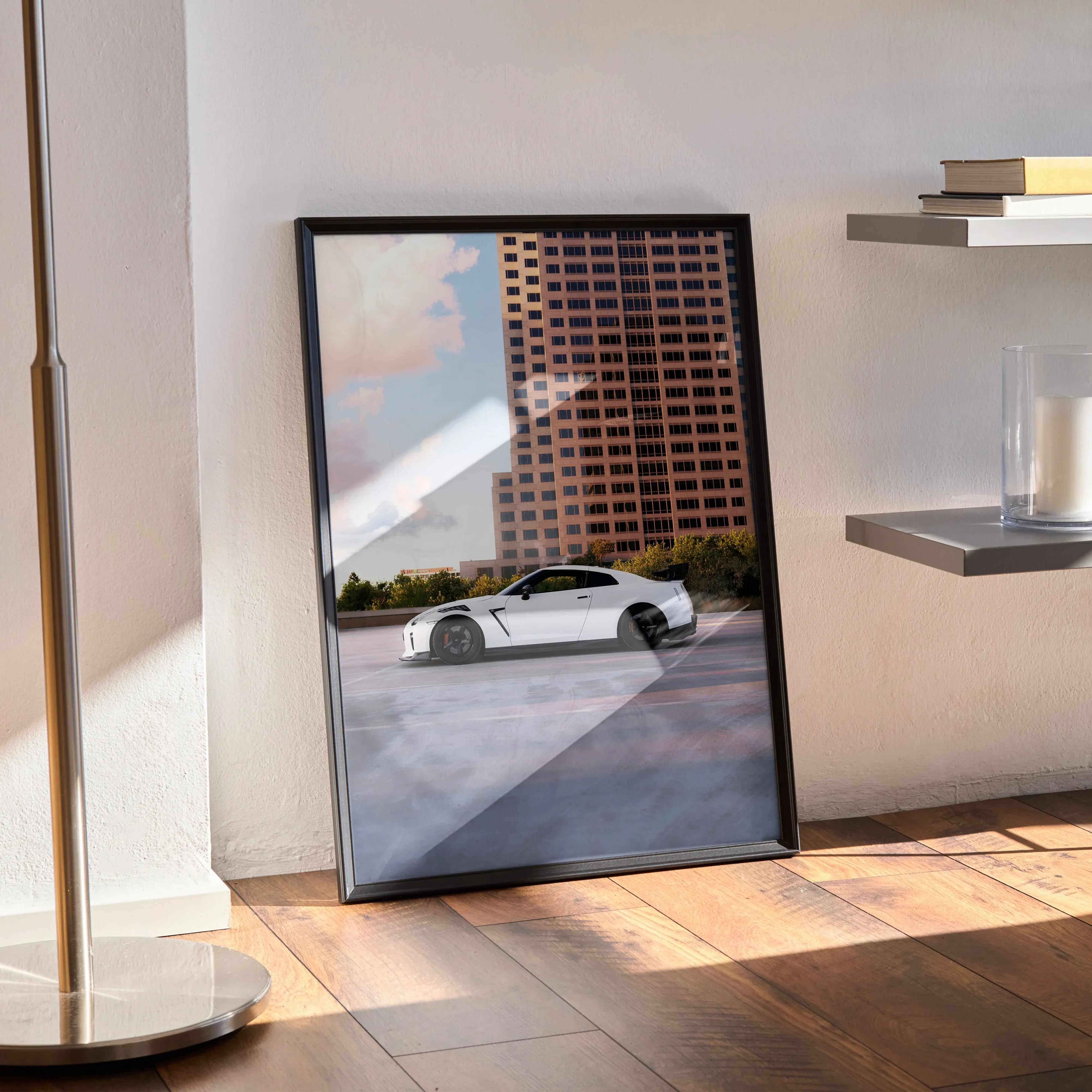 Nissan GTR R35 white sports car poster with city and sunset backdrop wall art.