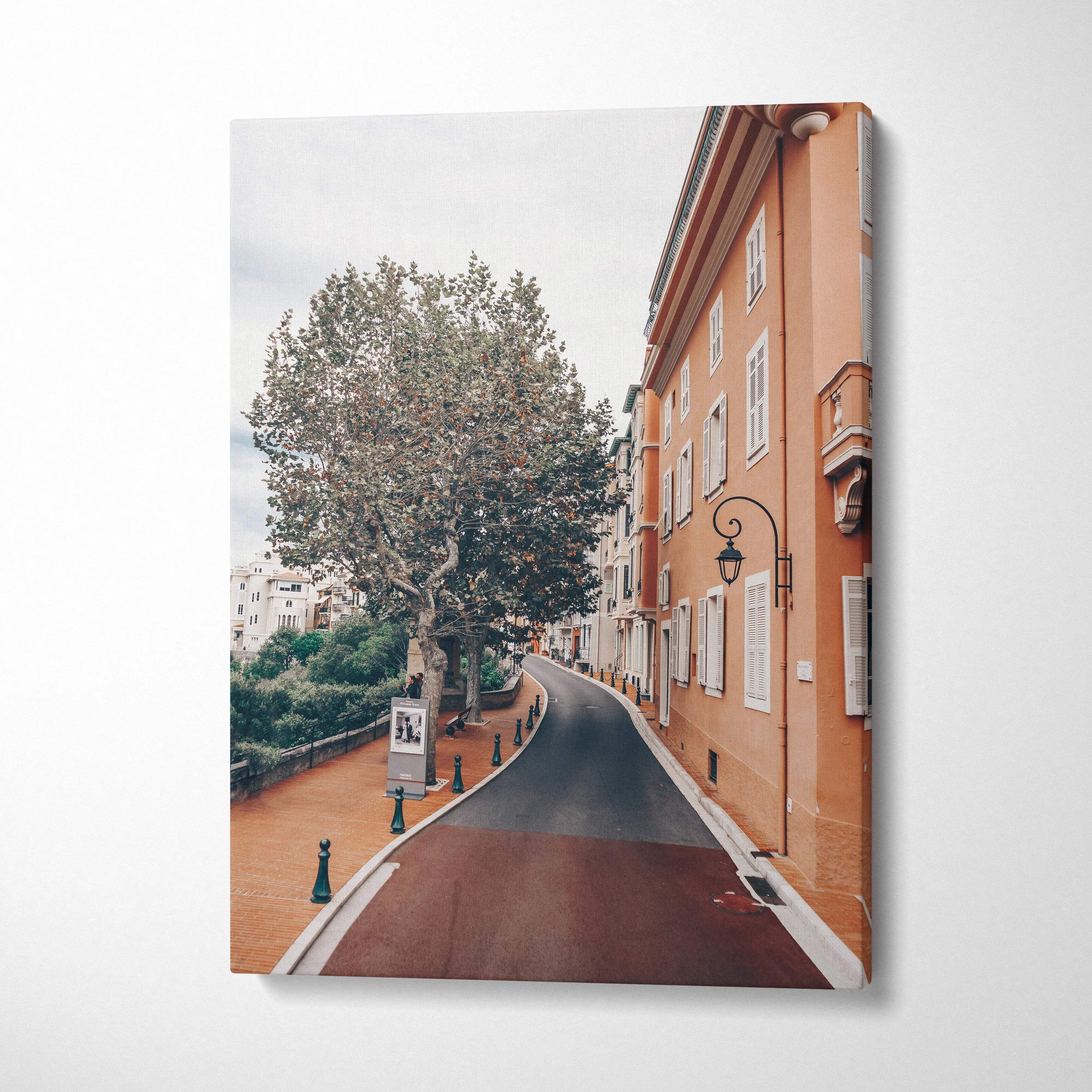 Canvas wall art of charming street with tall tree and orange building in soft tones.