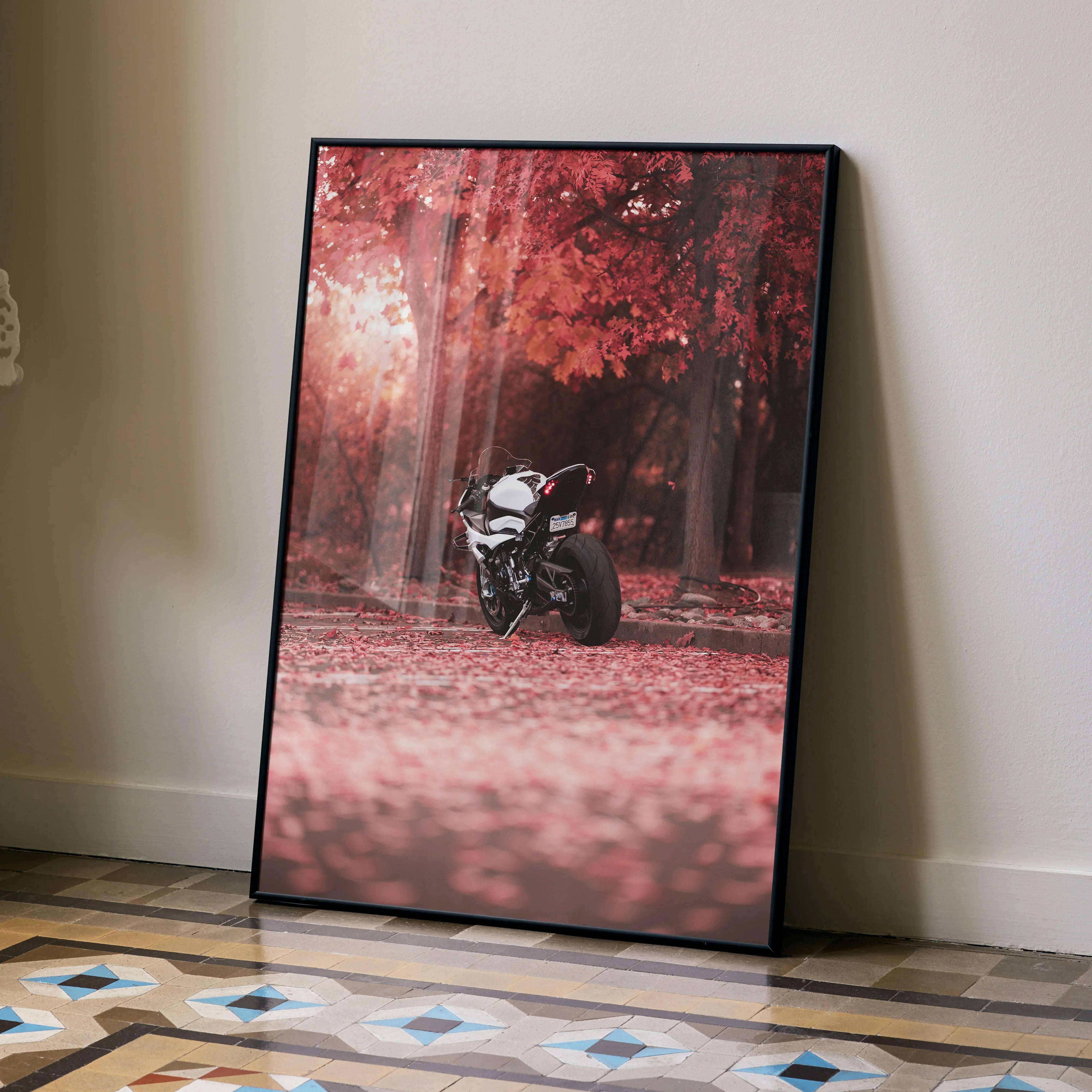 BMW S1000RR motorcycle poster with vibrant red autumn forest background wall art.