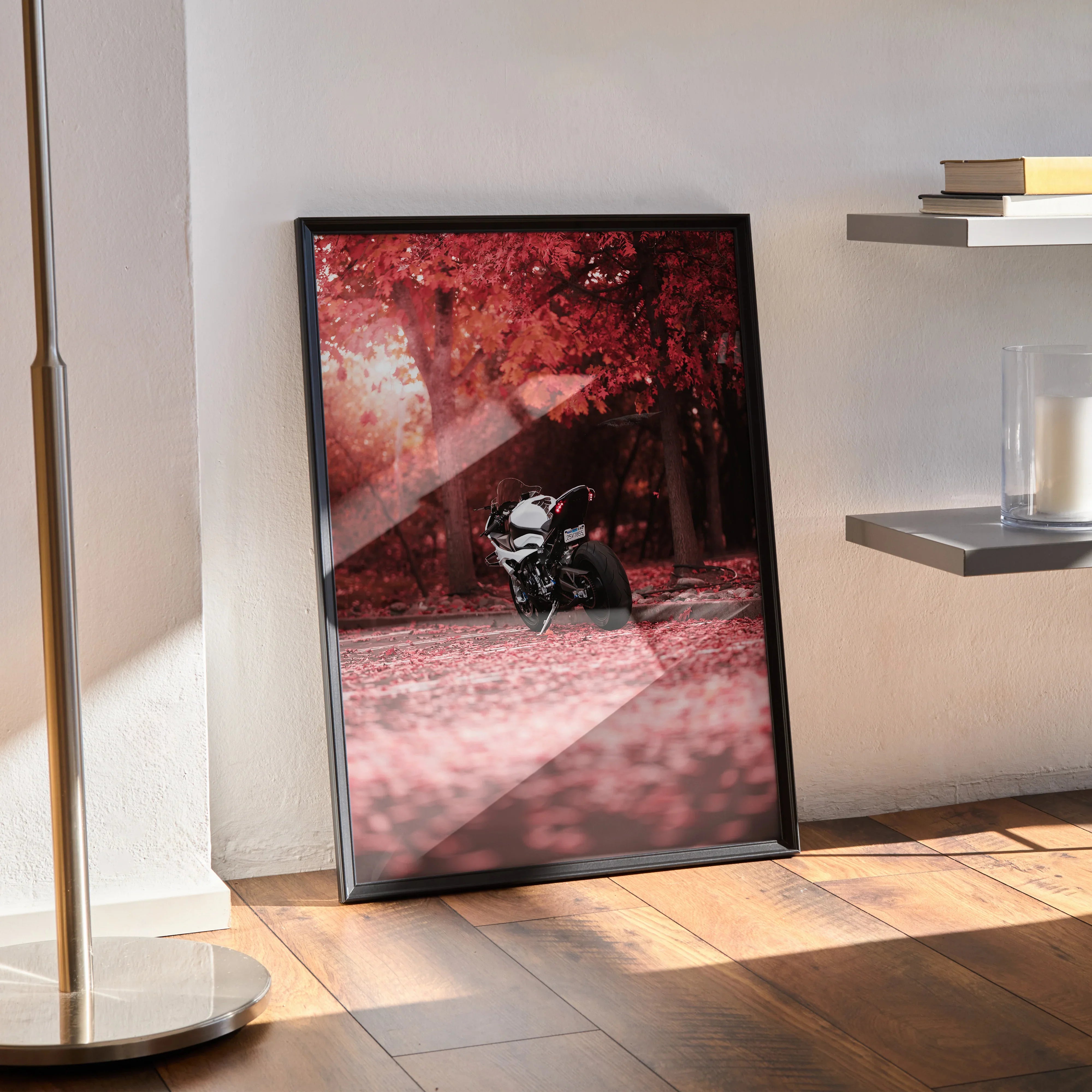 BMW S1000RR motorcycle poster with vibrant red autumn background wall art in black frame.