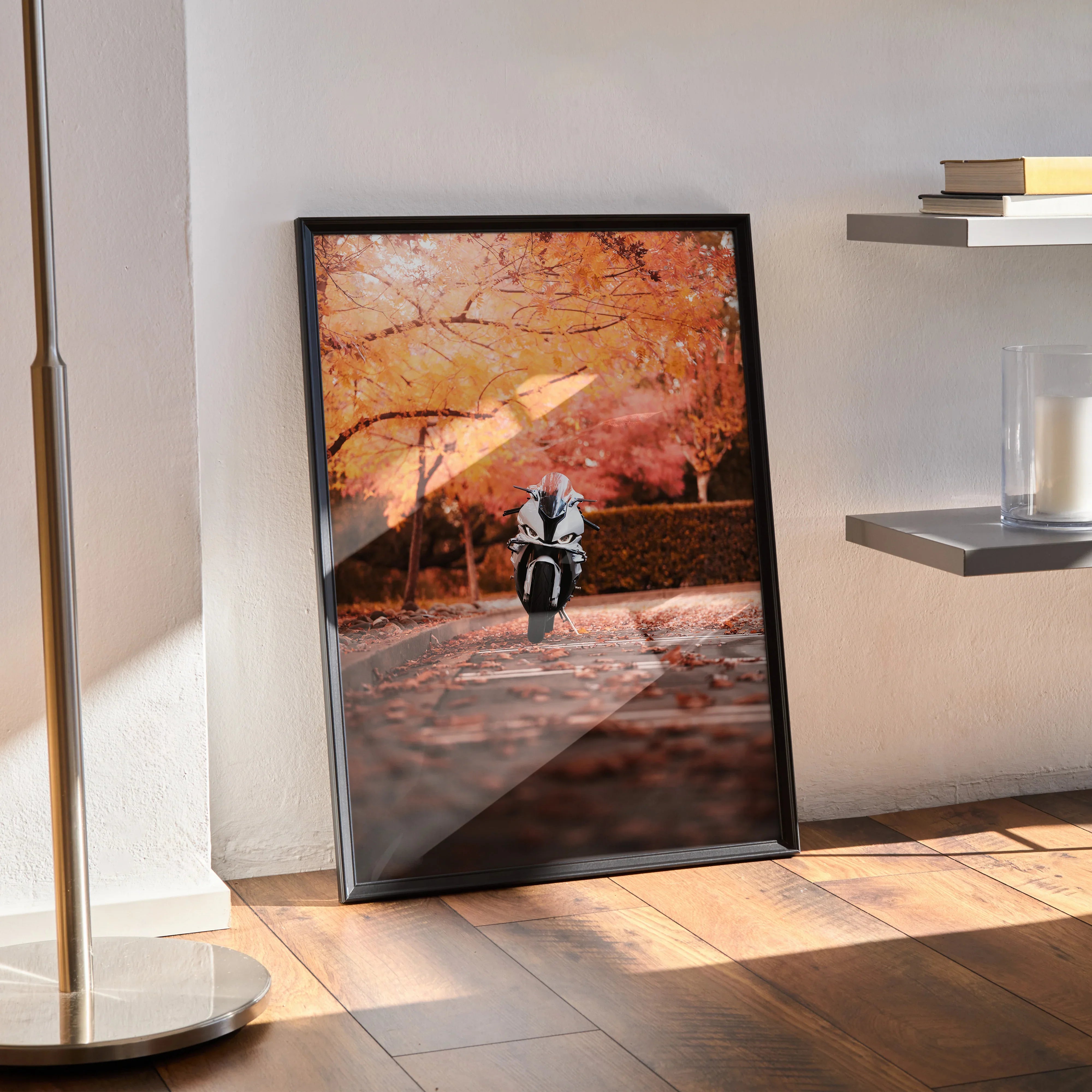 BMW S1000RR motorcycle poster with autumn trees, framed wall art in black frame.