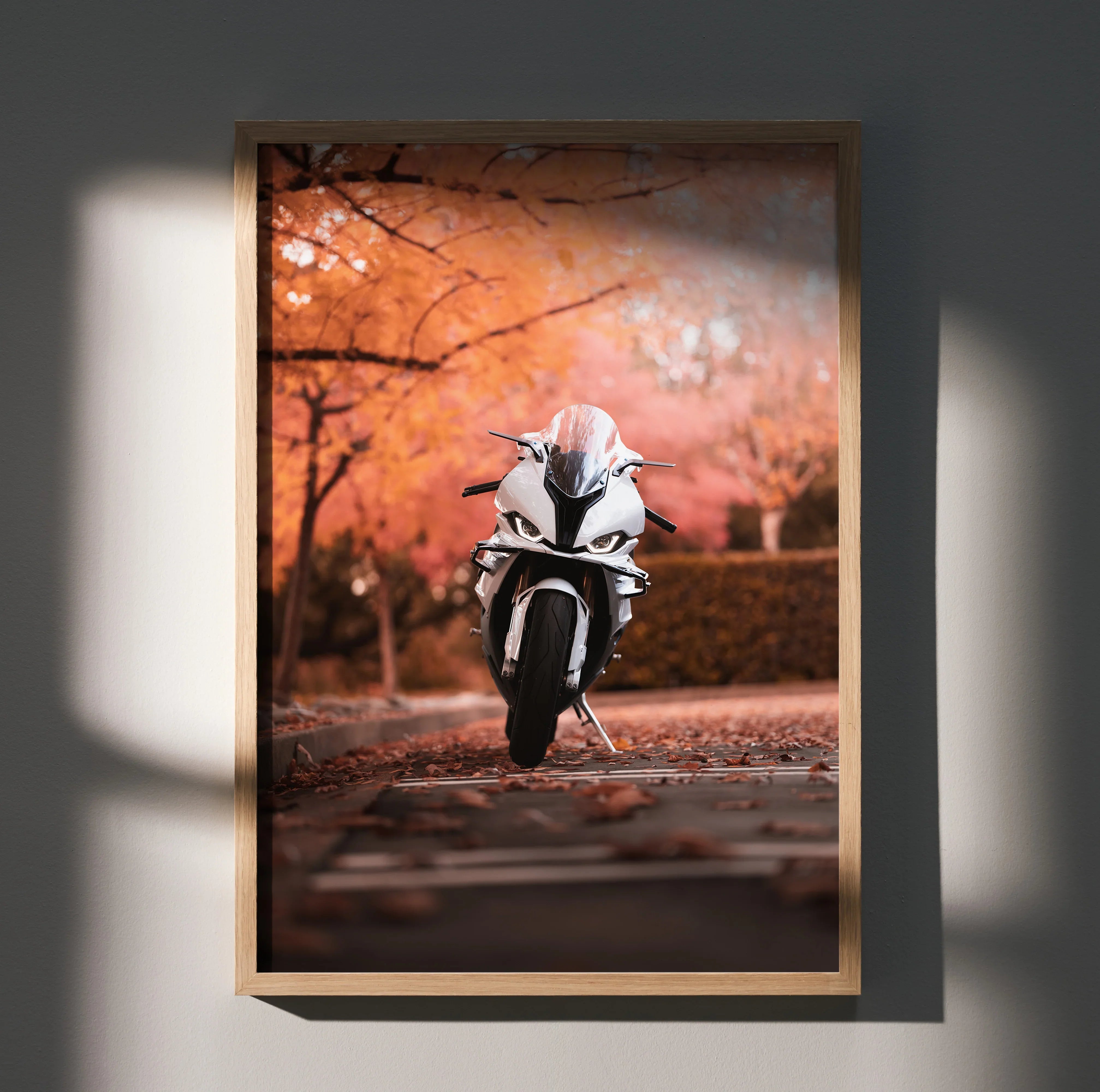 BMW S1000RR motorcycle poster with autumn trees background, stylish wall art in warm tones.