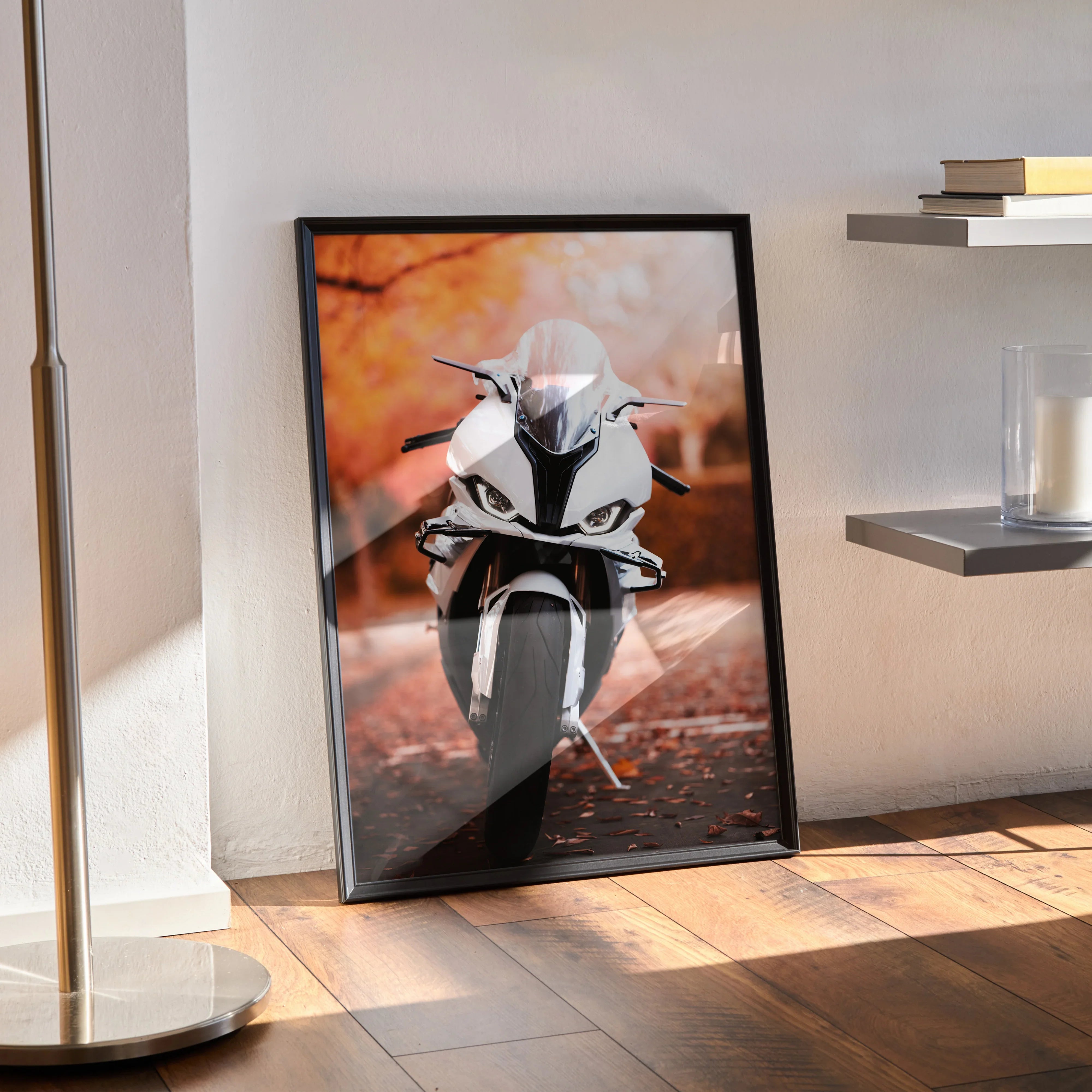 BMW S1000RR motorcycle poster with sleek white sportbike design, modern wall art in black frame.