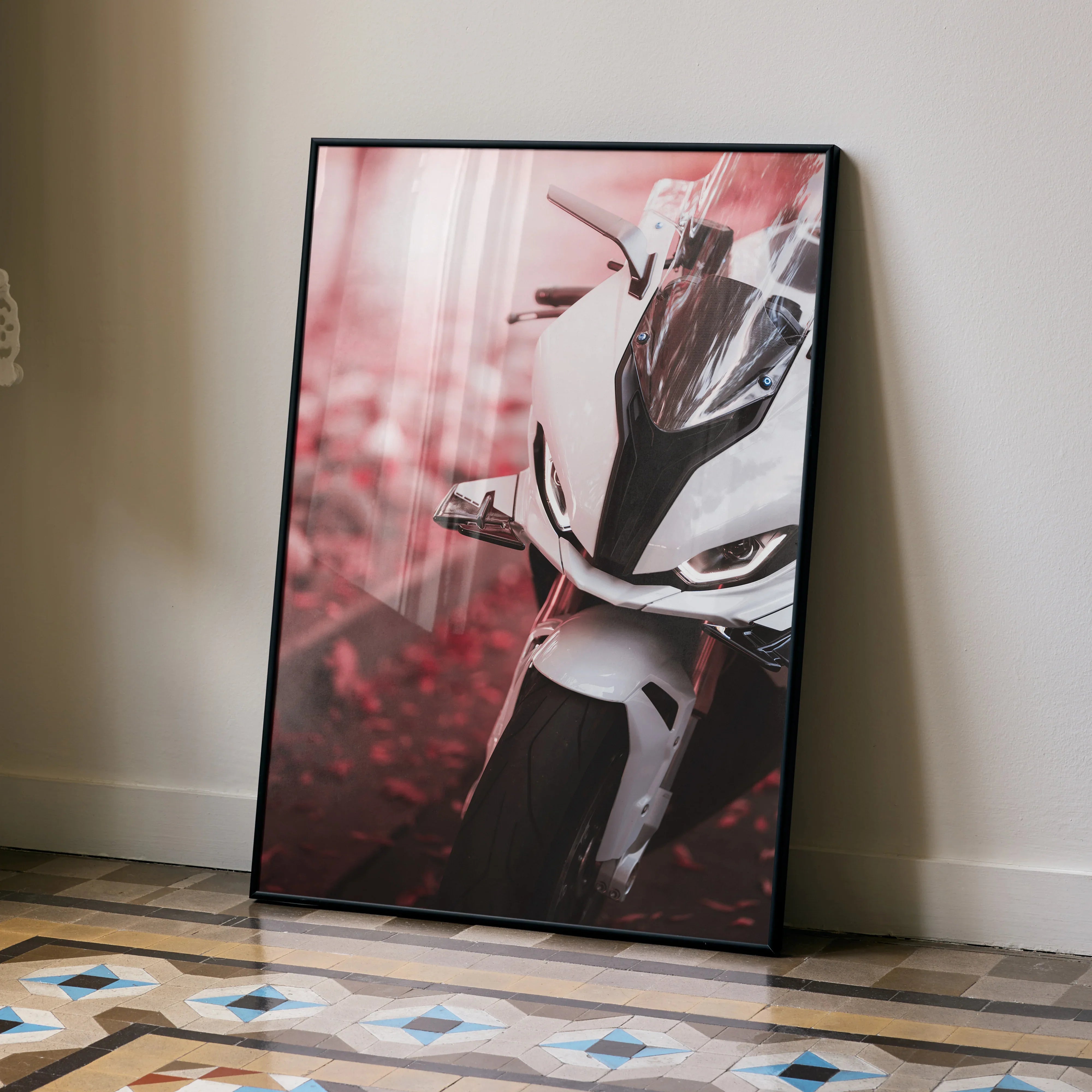 BMW S1000RR motorcycle poster with red floral background, modern black frame wall art.