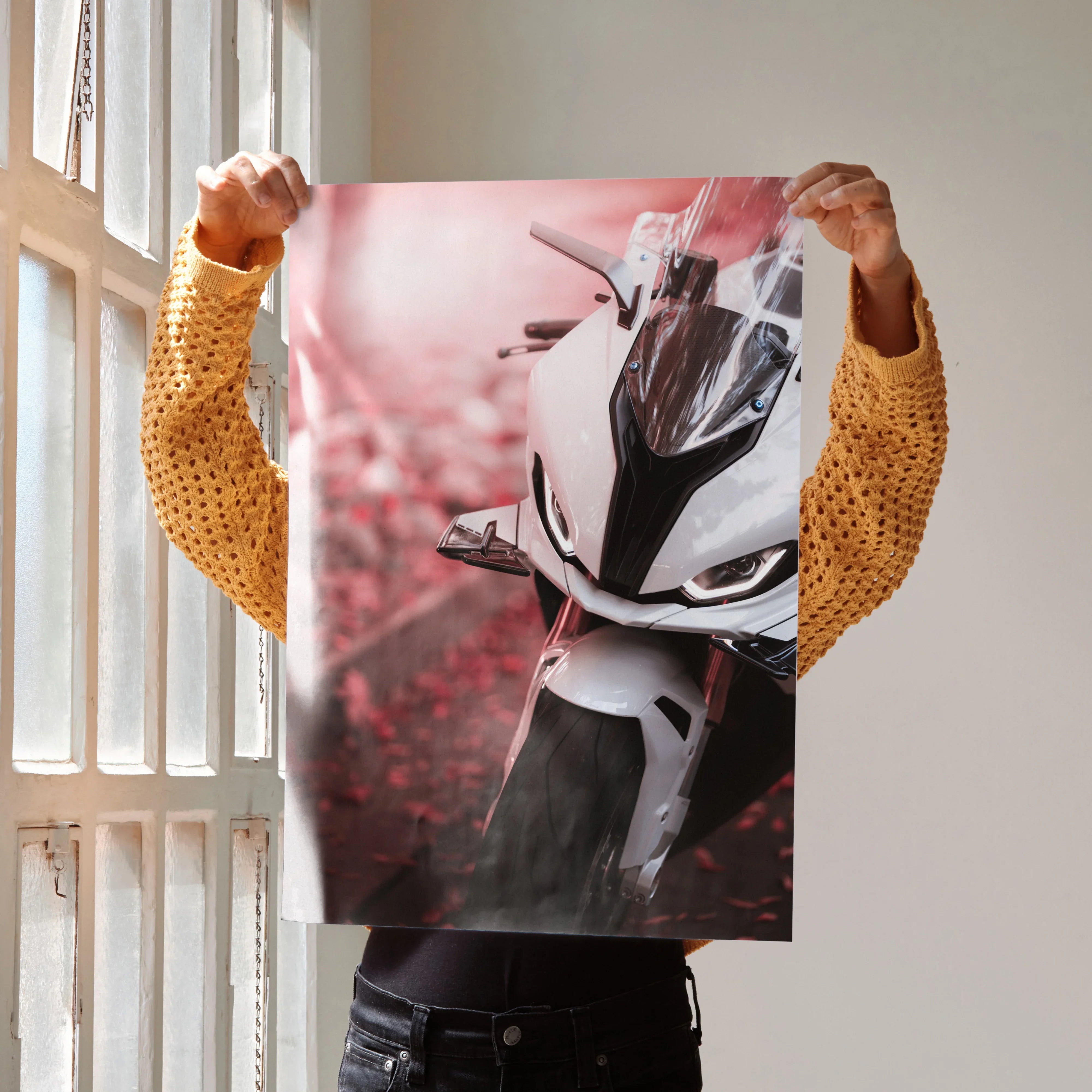 BMW S1000RR motorcycle close-up poster with red and black background, premium wall art.
