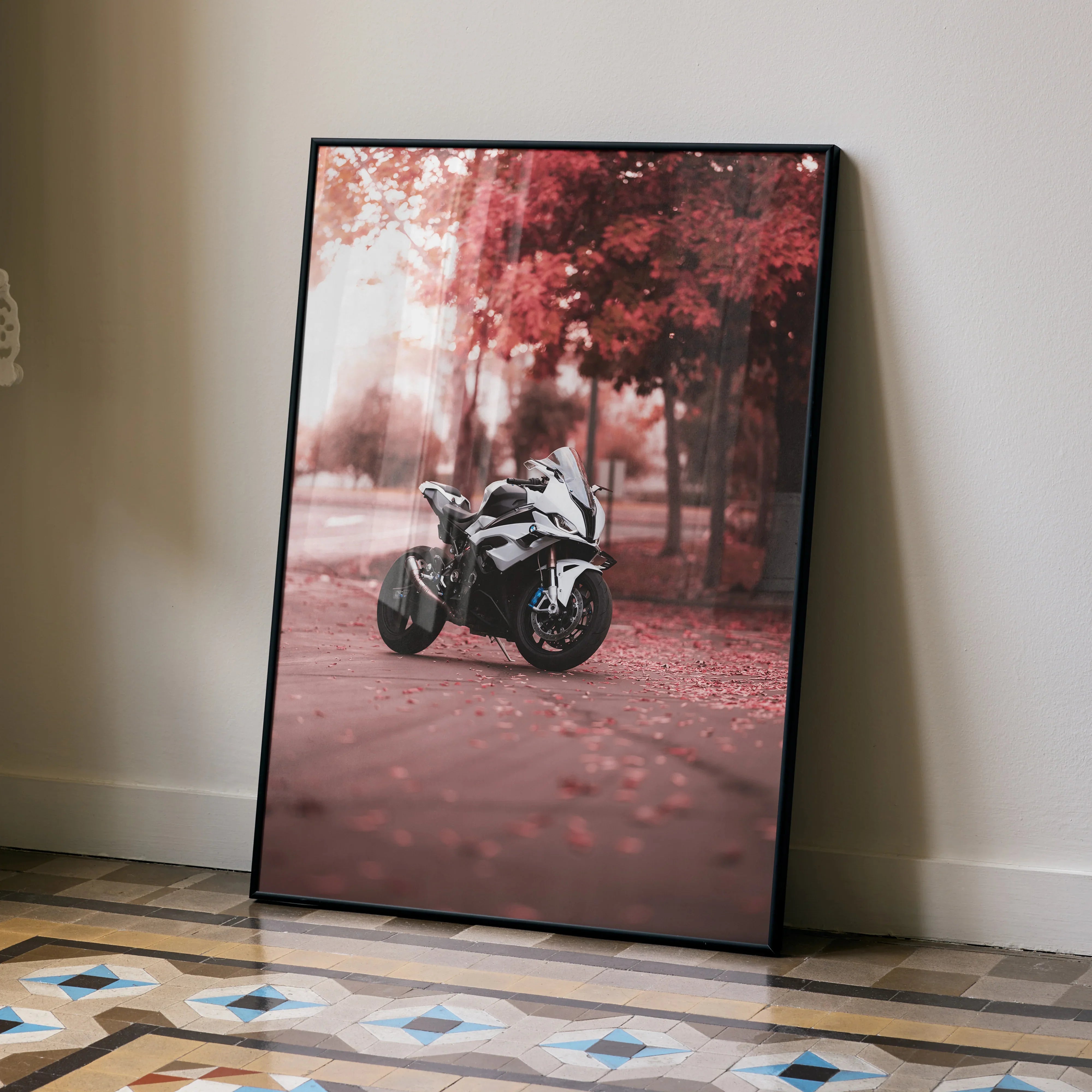 BMW S1000RR motorcycle poster with red autumn trees, modern wall art in a black frame.