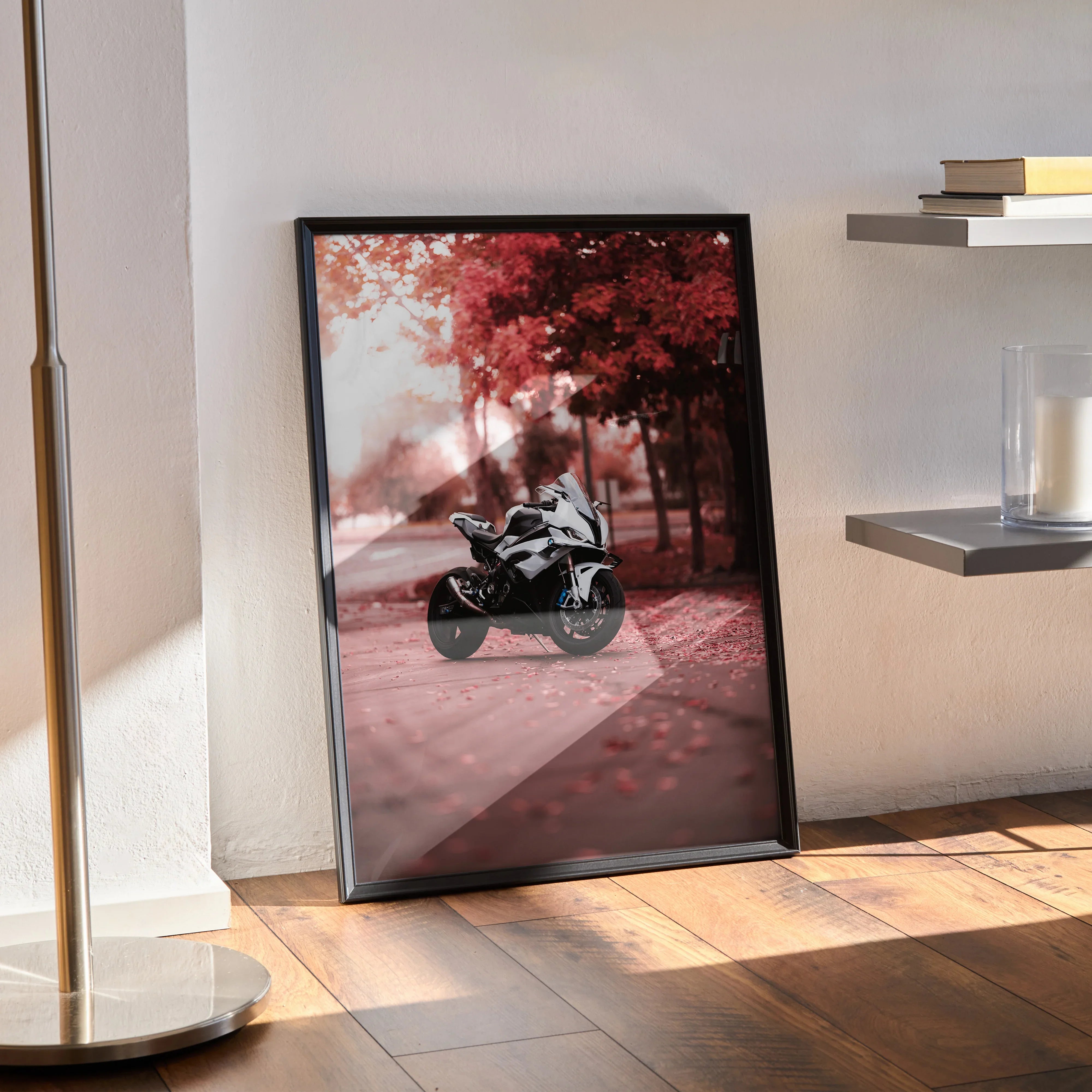 BMW S1000RR motorcycle poster with red autumn trees backdrop, modern wall art in black frame.