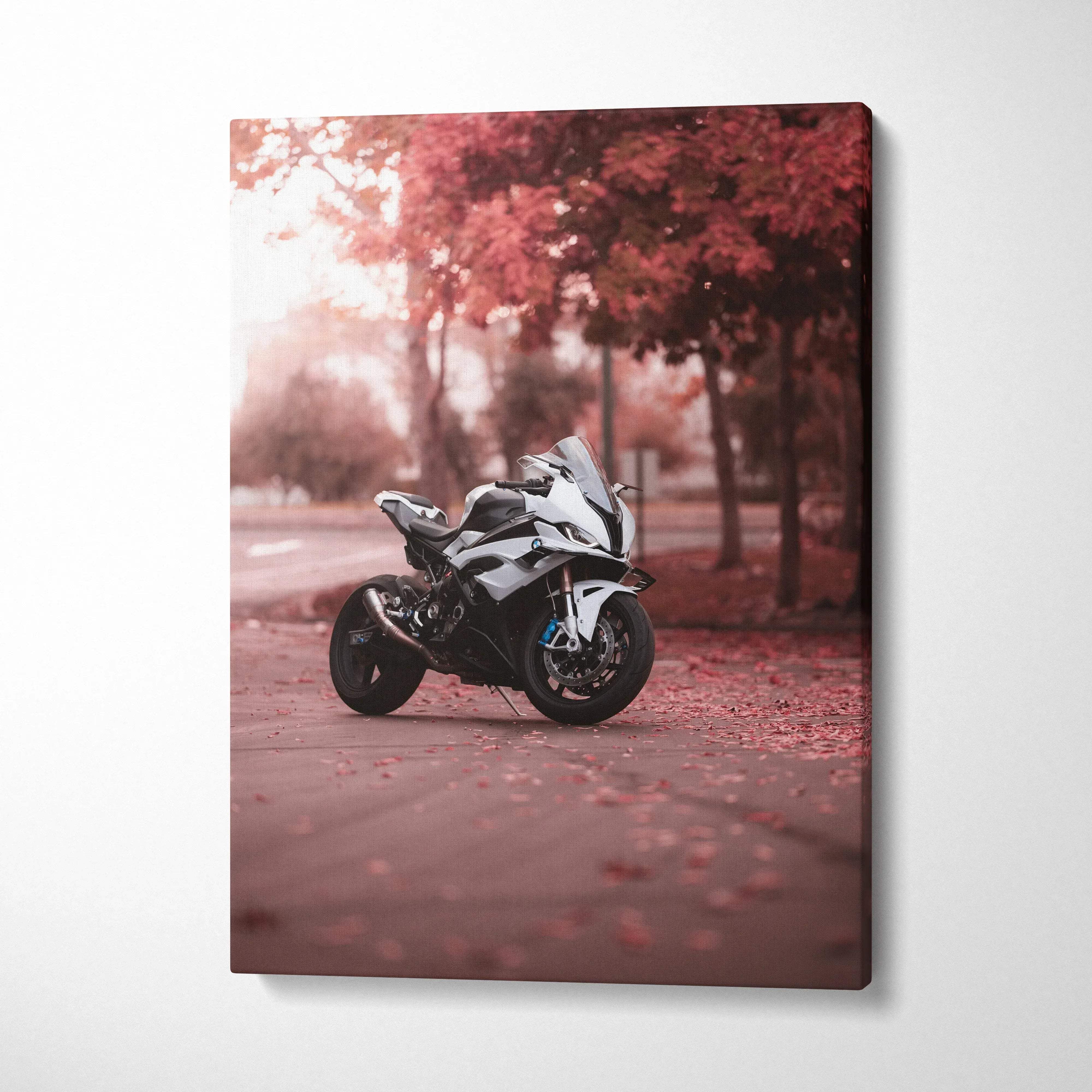 BMW S1000RR motorcycle on a red autumn path canvas wall art in vertical format.