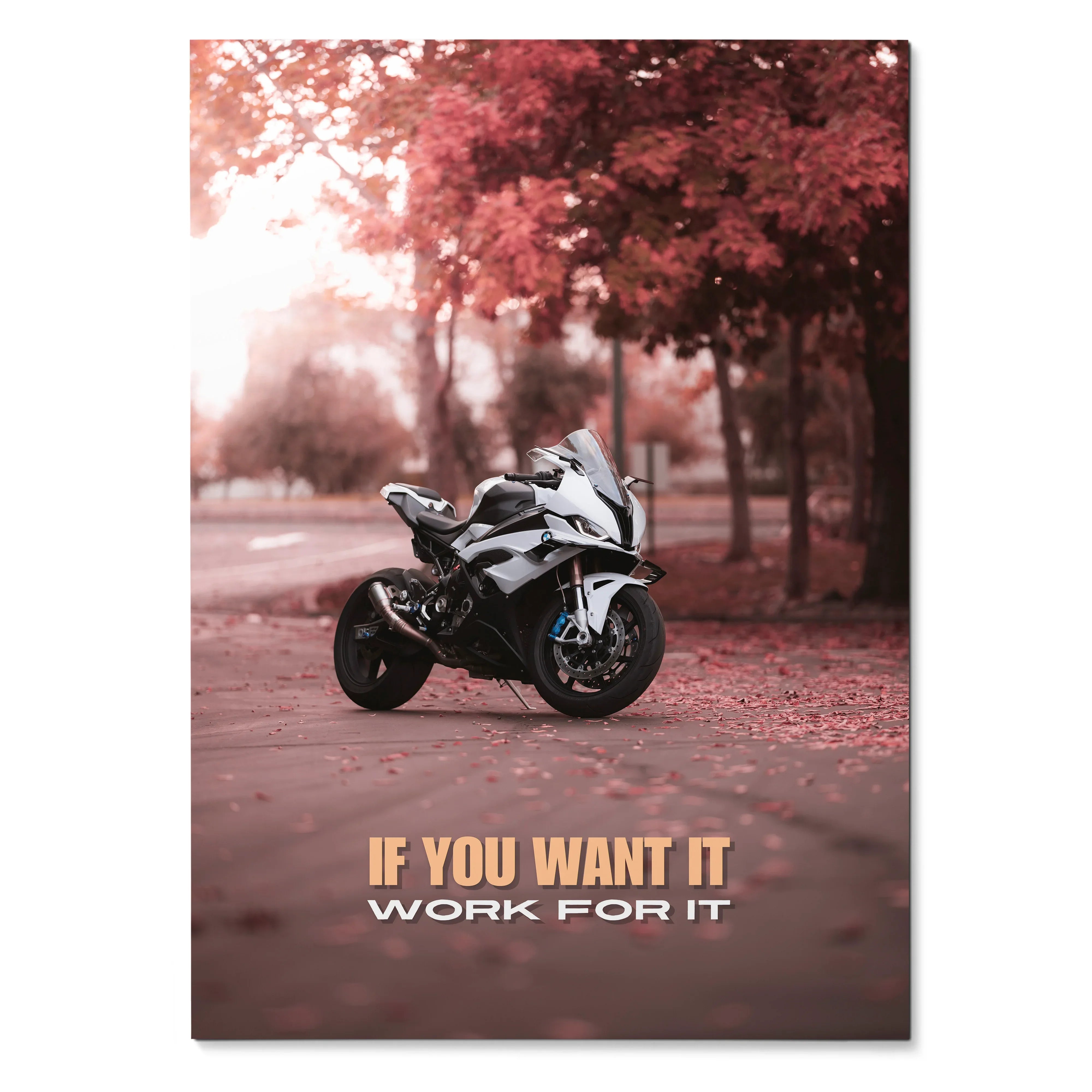 BMW S1000RR motorcycle poster with autumn trees and motivational text "If you want it work for it" wall art.