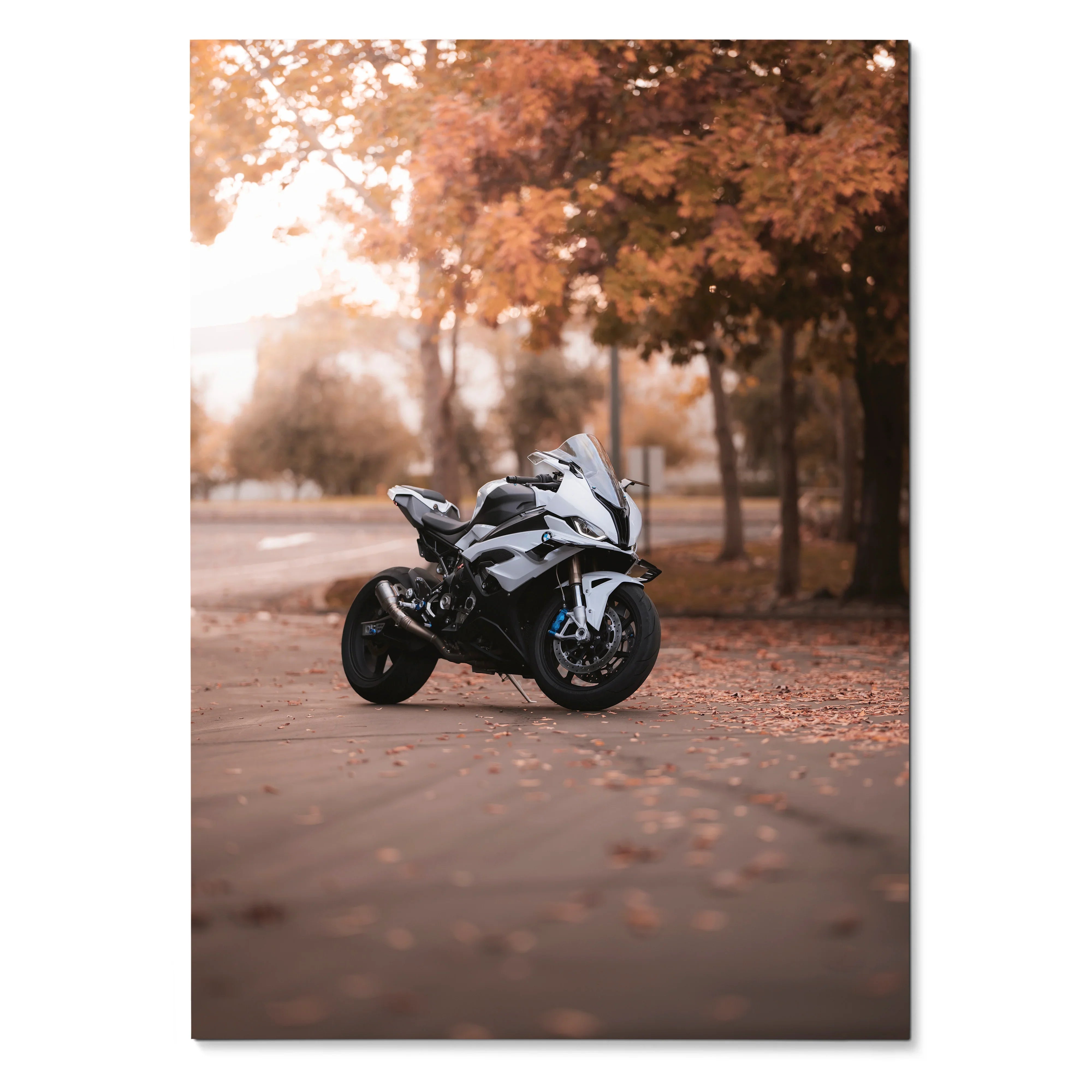 BMW S1000RR motorcycle poster with autumn trees and fallen leaves wall art in warm tones.