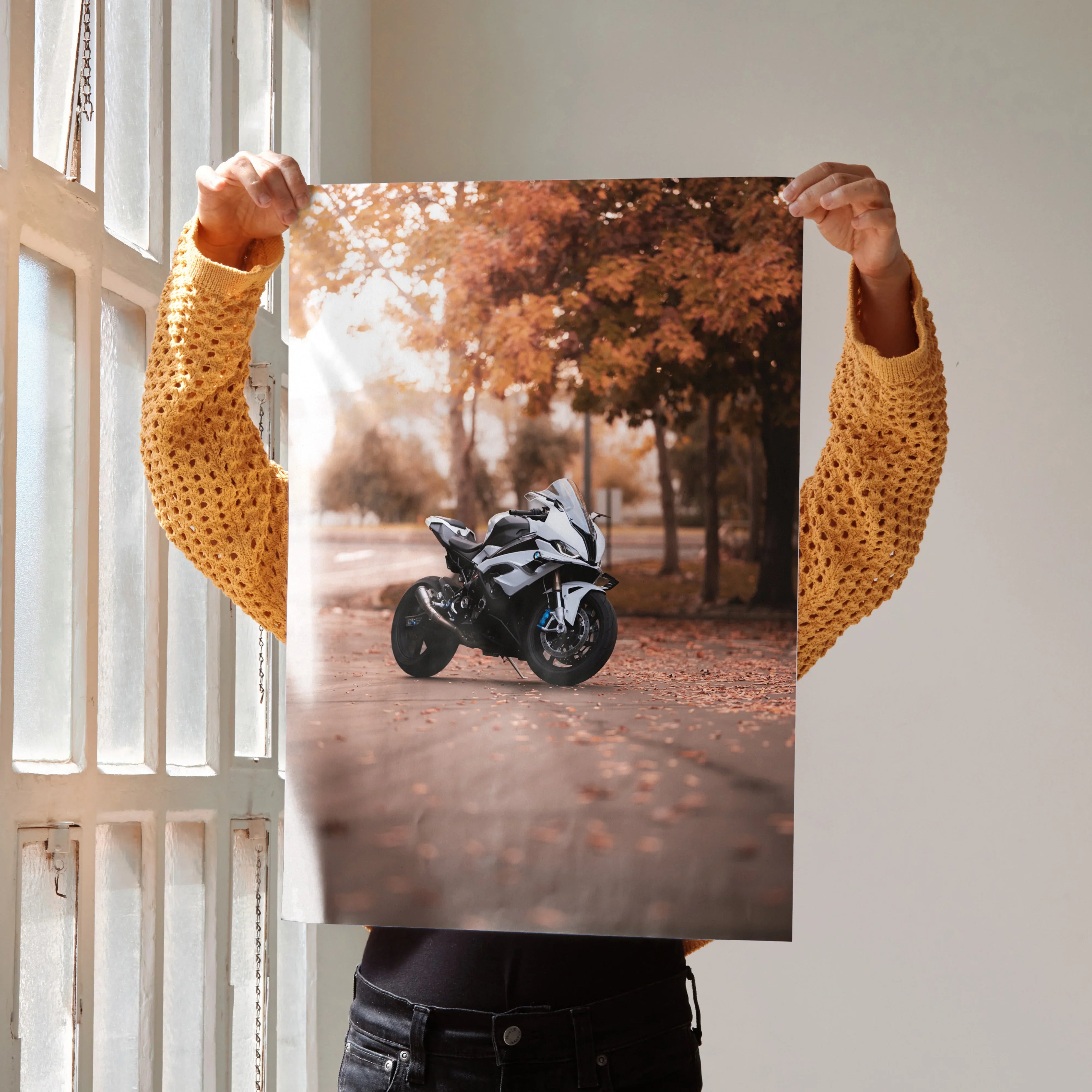 BMW S1000RR motorcycle poster with autumn forest background wall art.