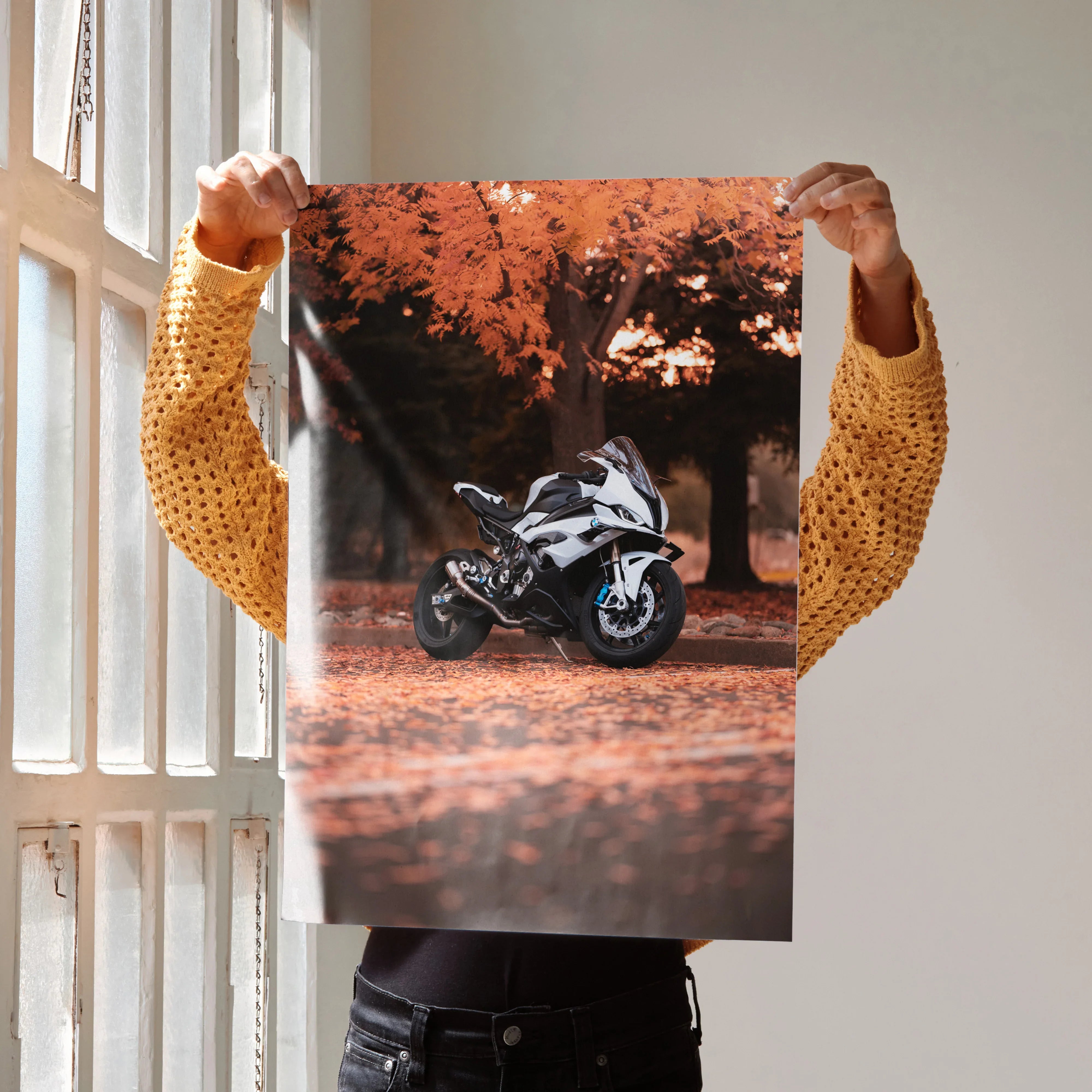 BMW S1000RR motorcycle poster with autumn background wall art in warm tones.