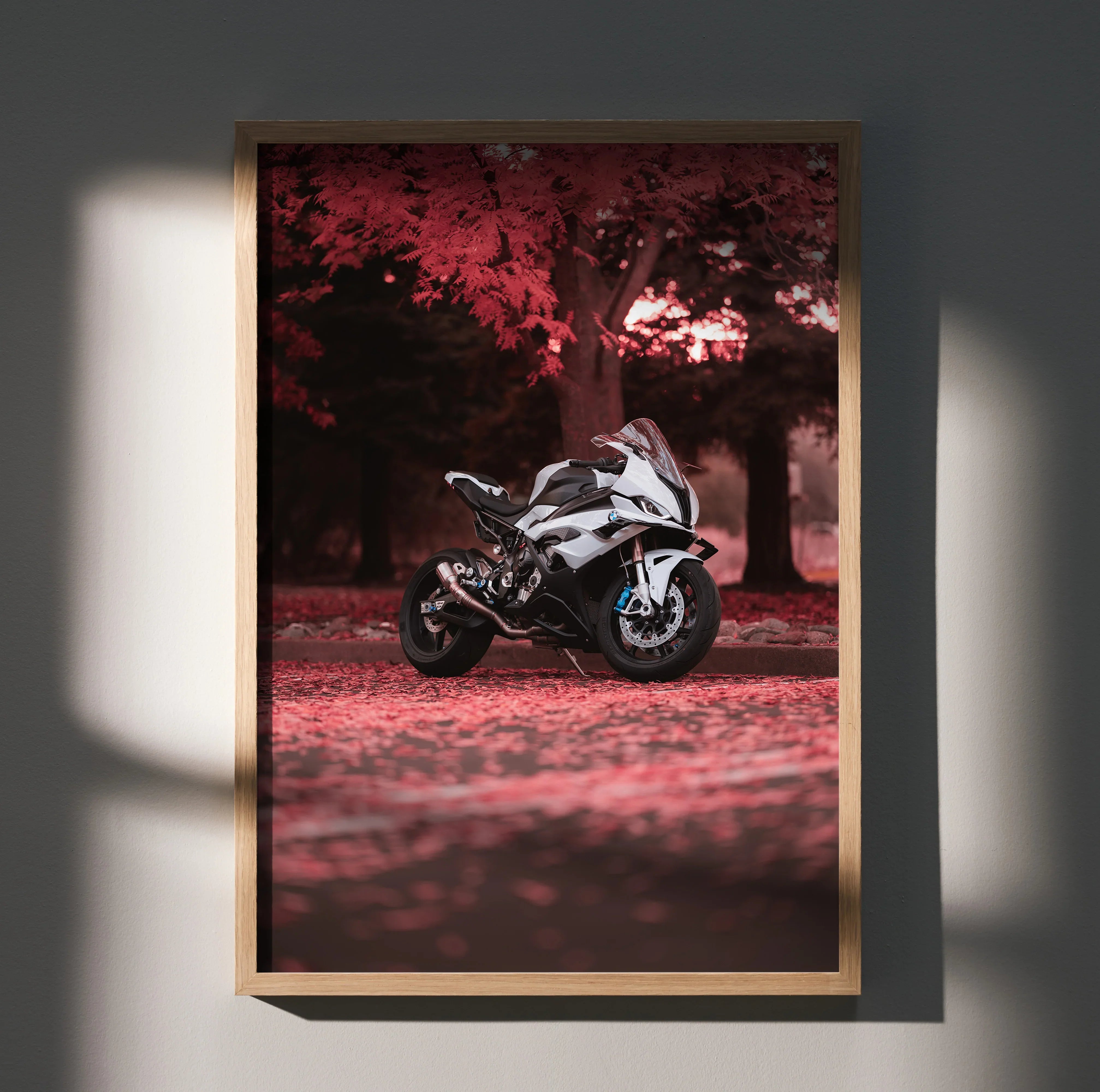 BMW S1000RR motorcycle poster with red autumn leaves background in wooden frame wall art.