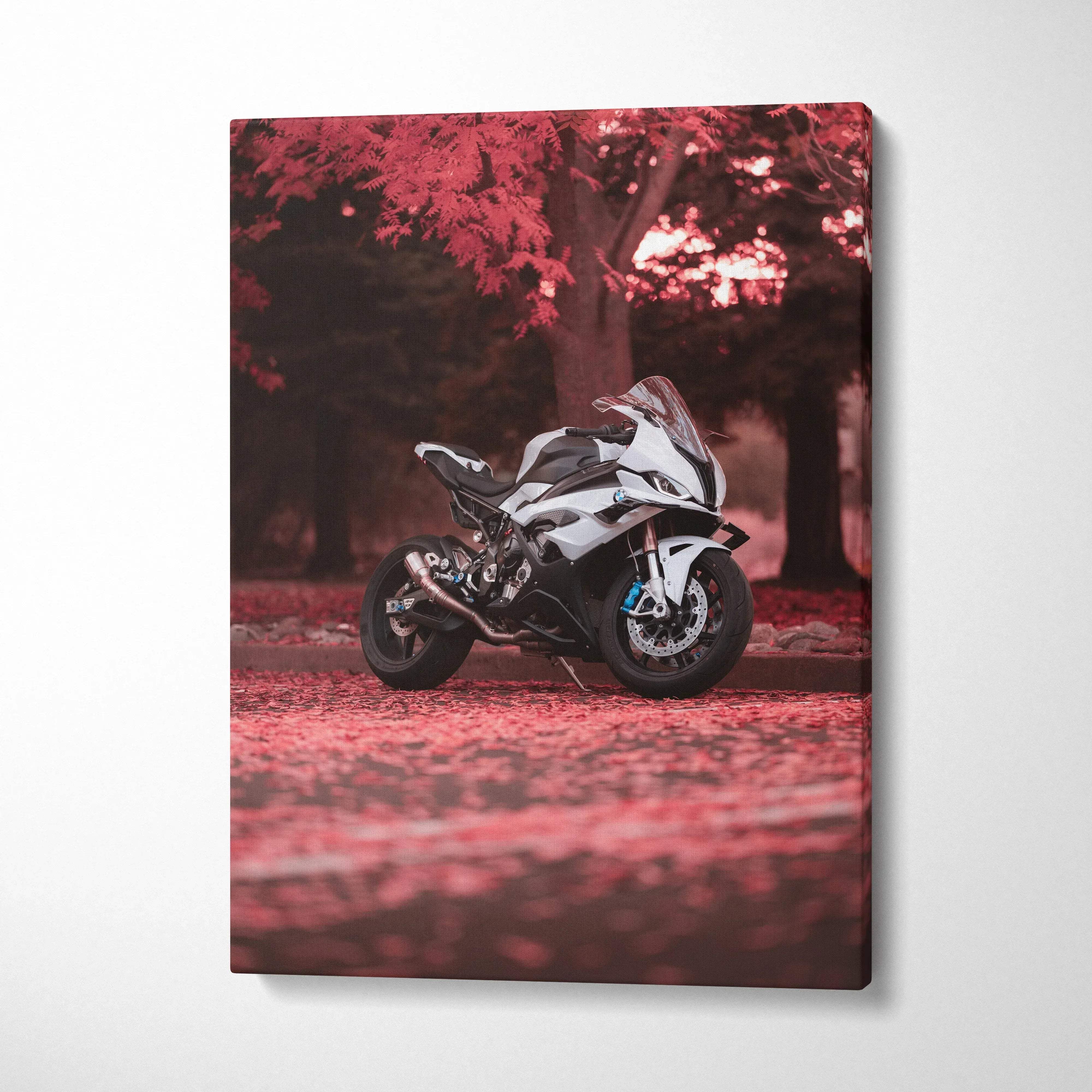 BMW S1000RR motorcycle on red autumn leaves vertical canvas wall art print.