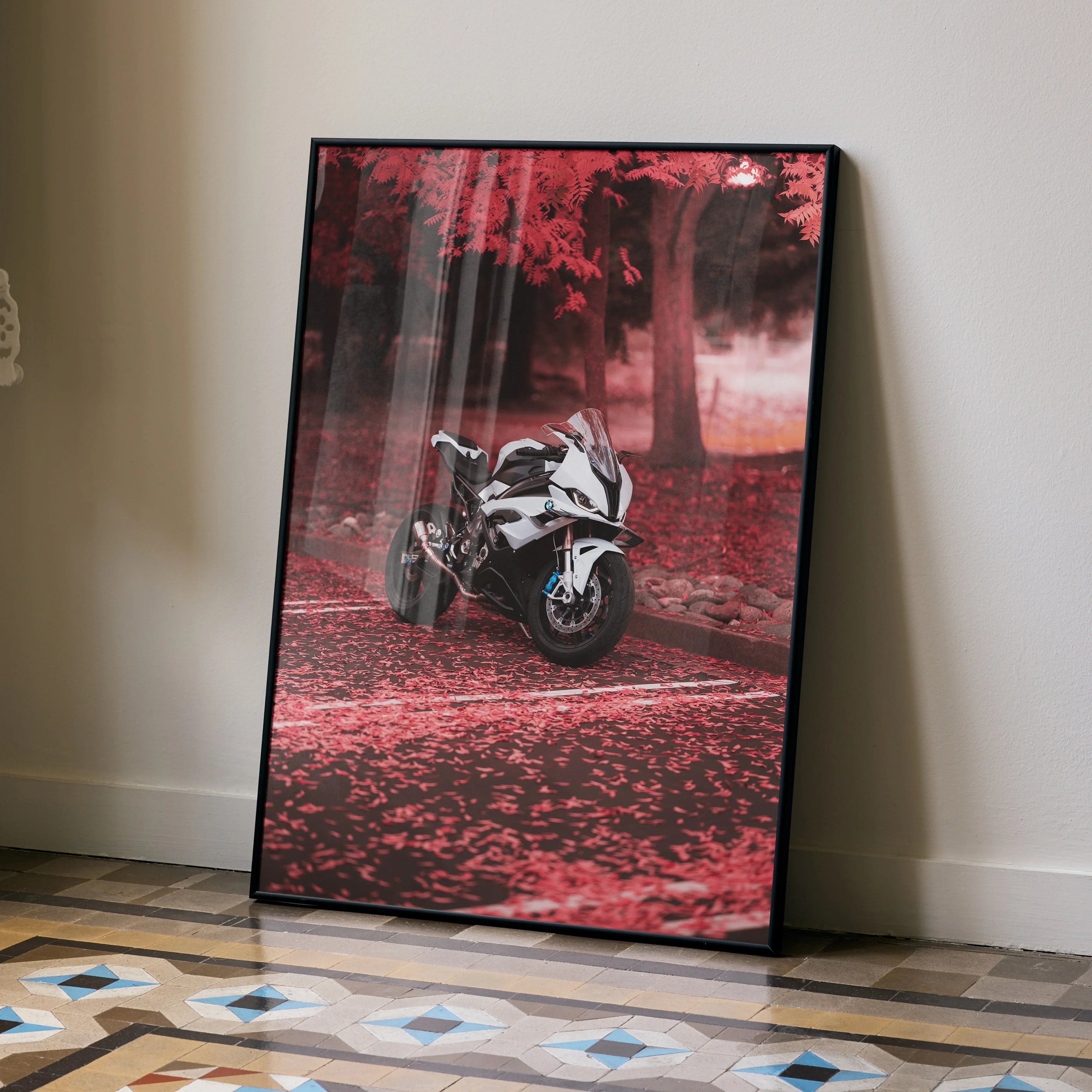 BMW S1000RR motorcycle poster with red autumn forest background, modern wall art.