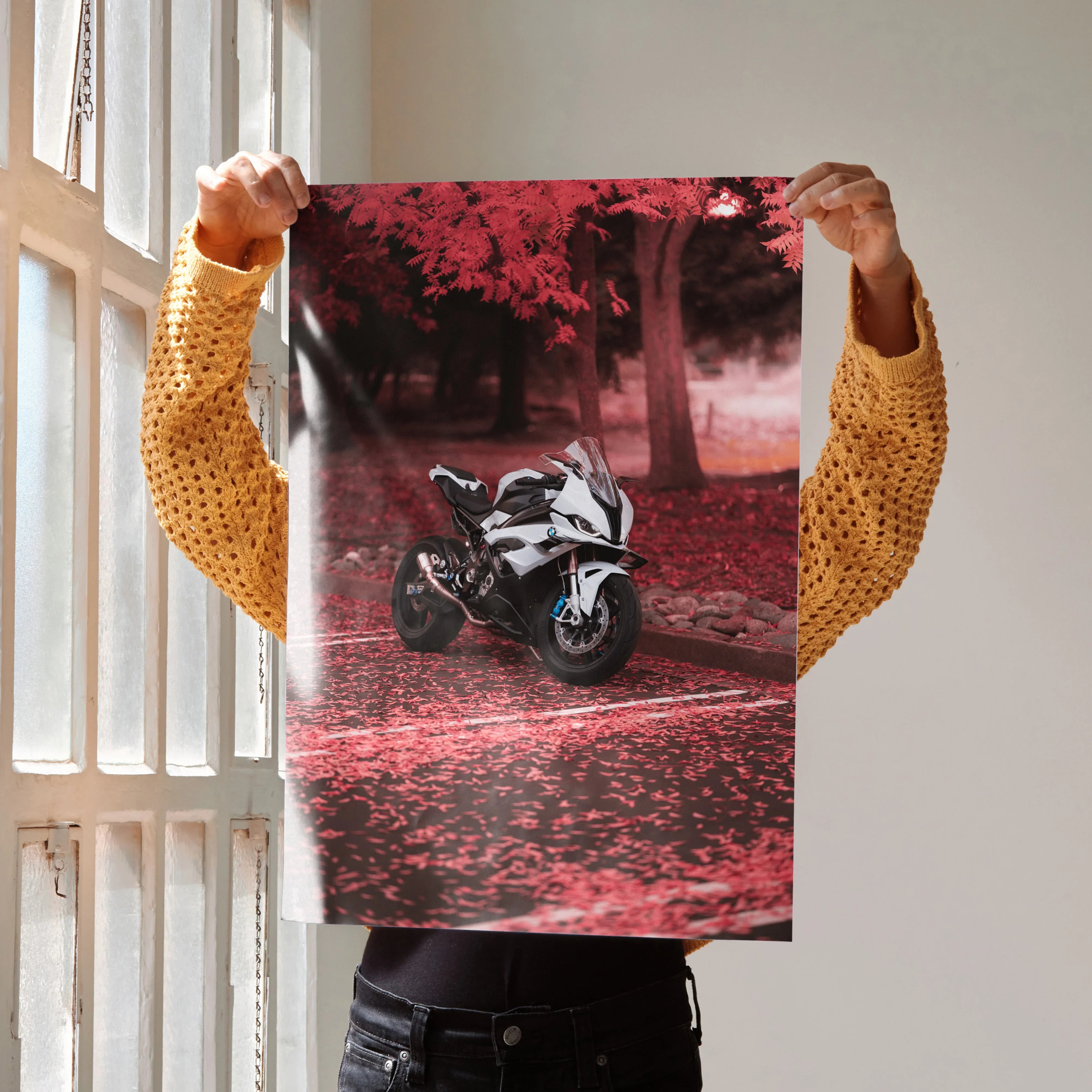 BMW S1000RR motorcycle poster with red autumn forest backdrop wall art.