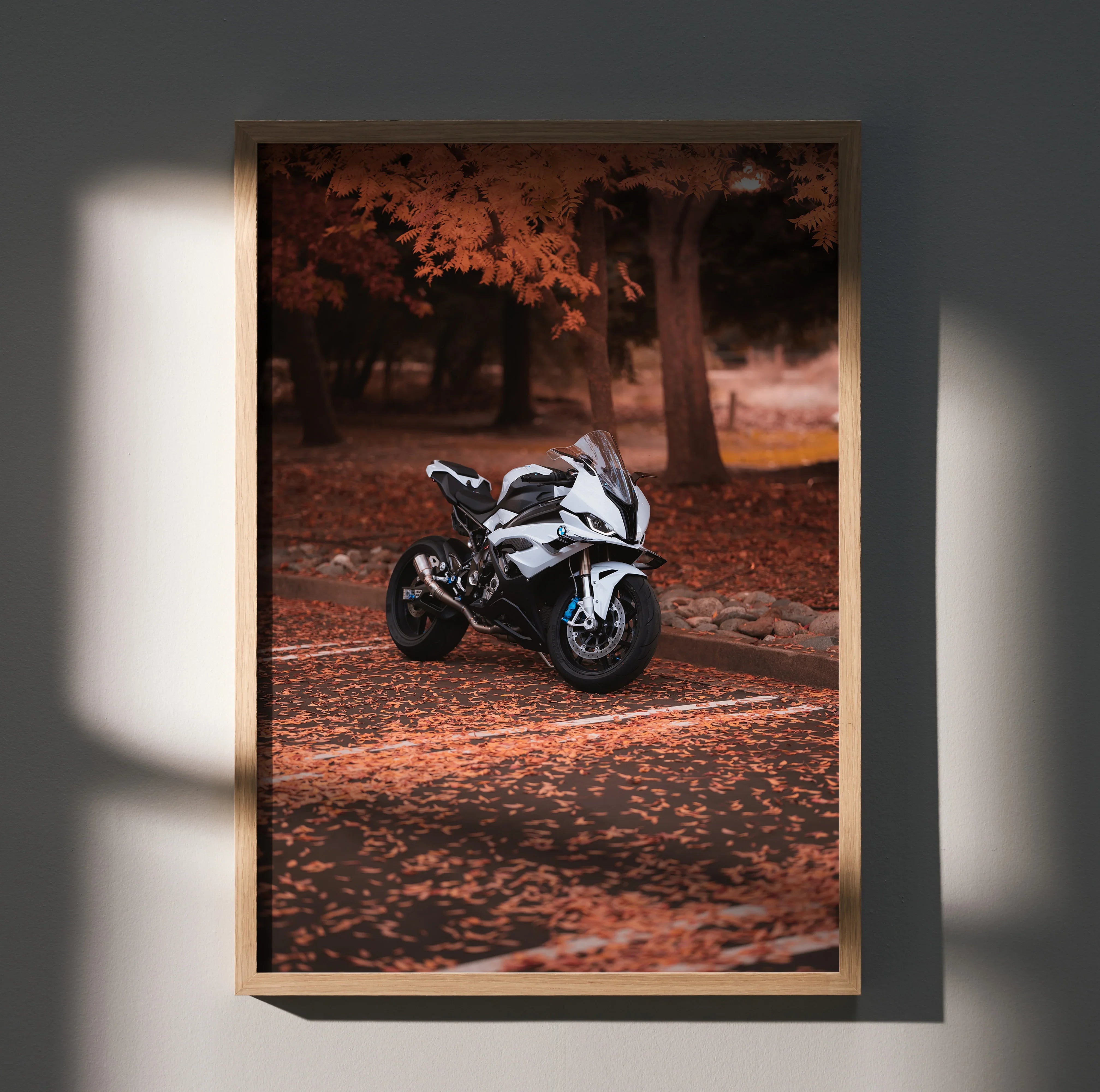 BMW S1000RR racing motorcycle poster with autumn forest background wall art.