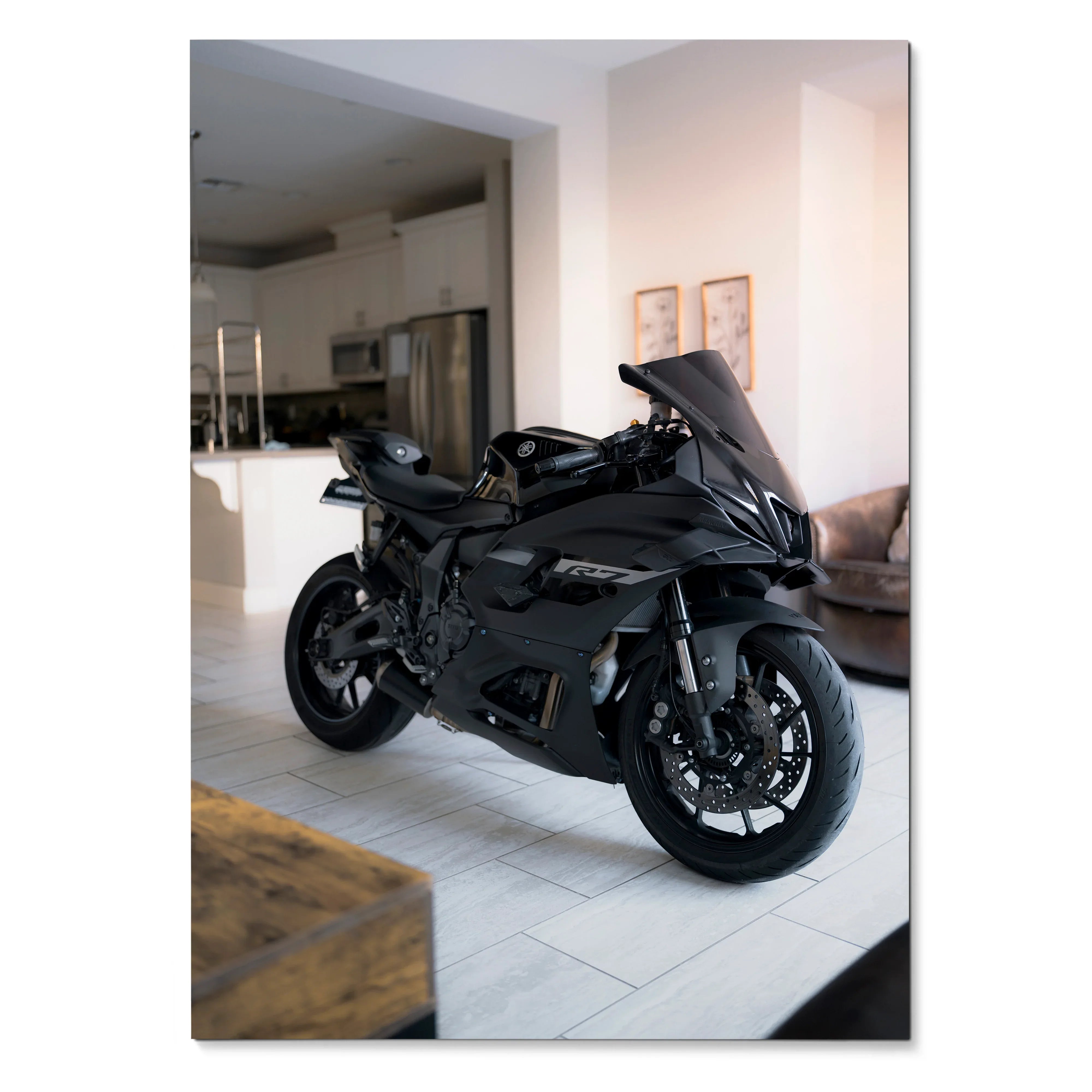 Yamaha R7 motorcycle poster featuring sleek black sportbike in modern living room wall art.