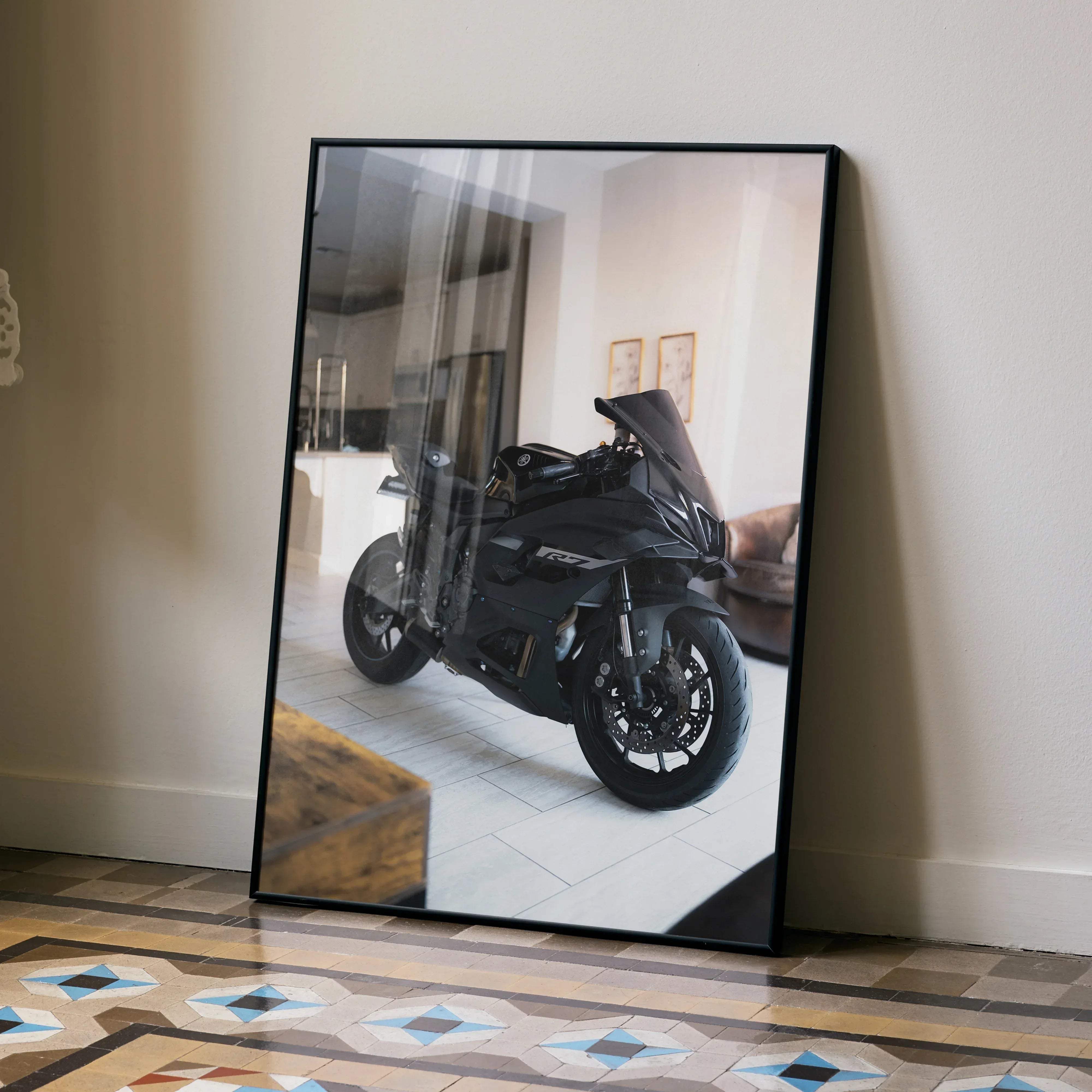 Black framed print of a sleek matte-black yamaha r7 sport motorcycle poster with sharp angular design and visible branding
