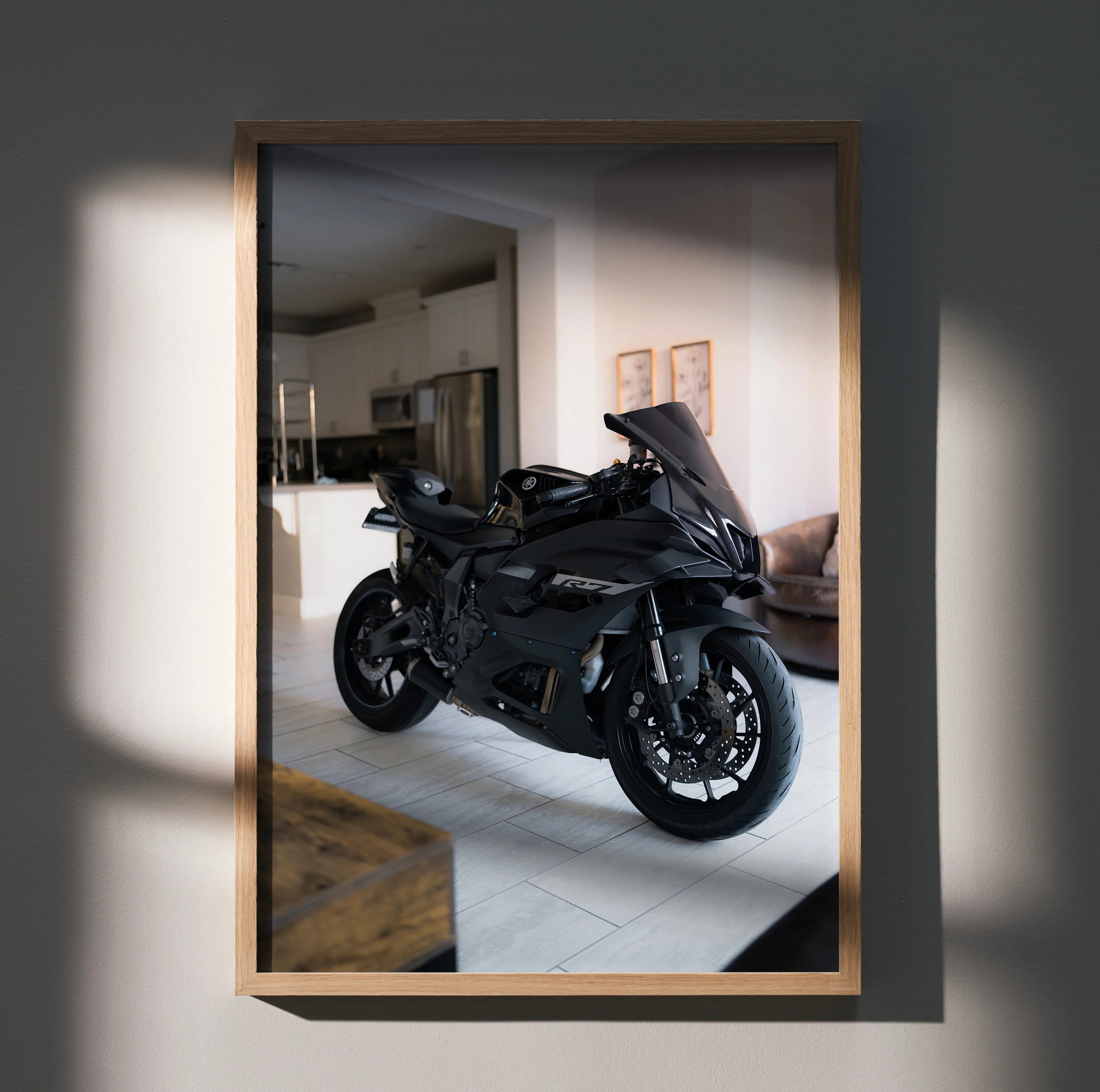 Yamaha R7 black sport motorcycle poster framed wall art with modern interior background.