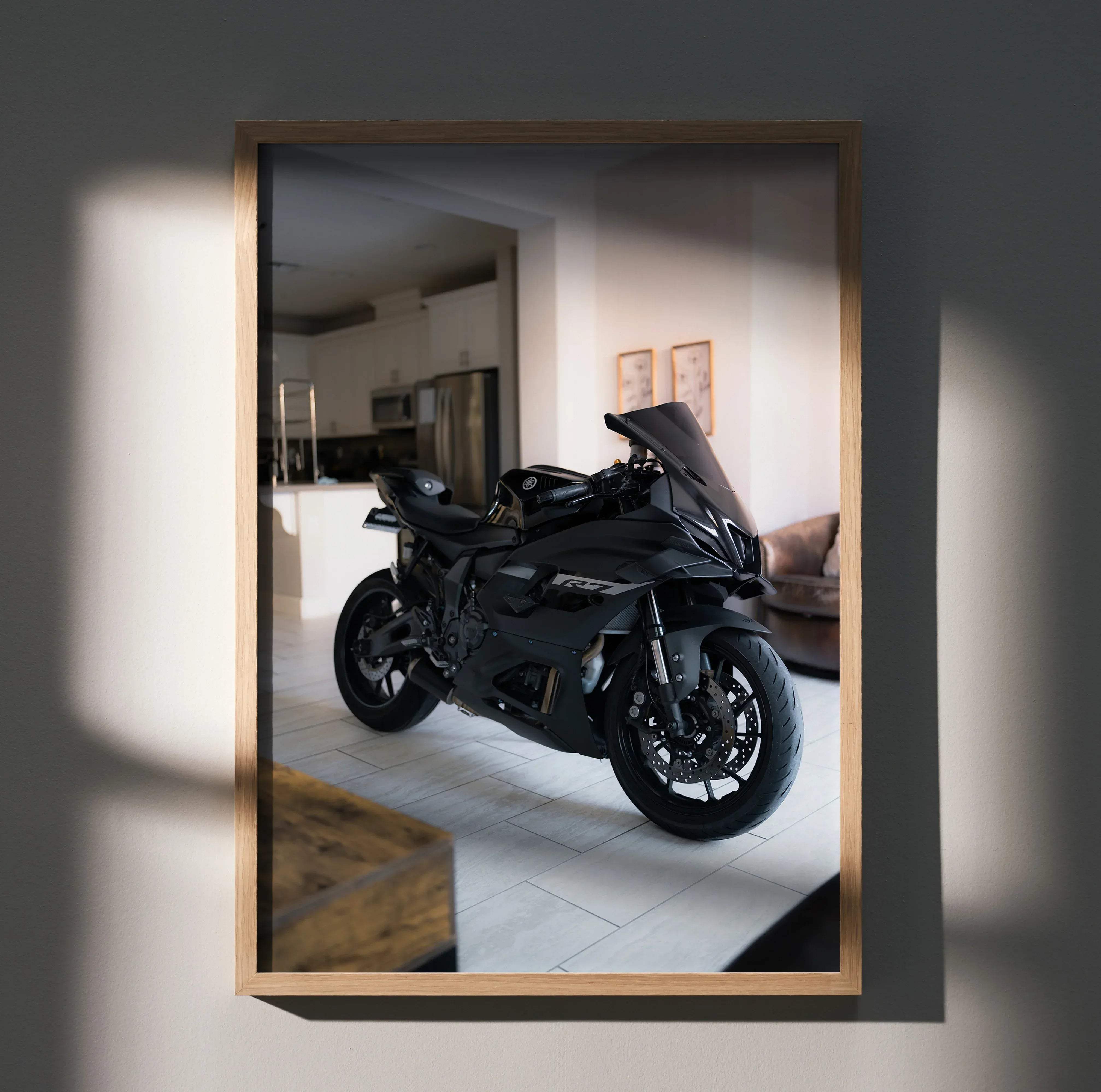 Framed photograph of a black Yamaha R1 motorcycle displayed as a high resolution Yamaha R7 poster product