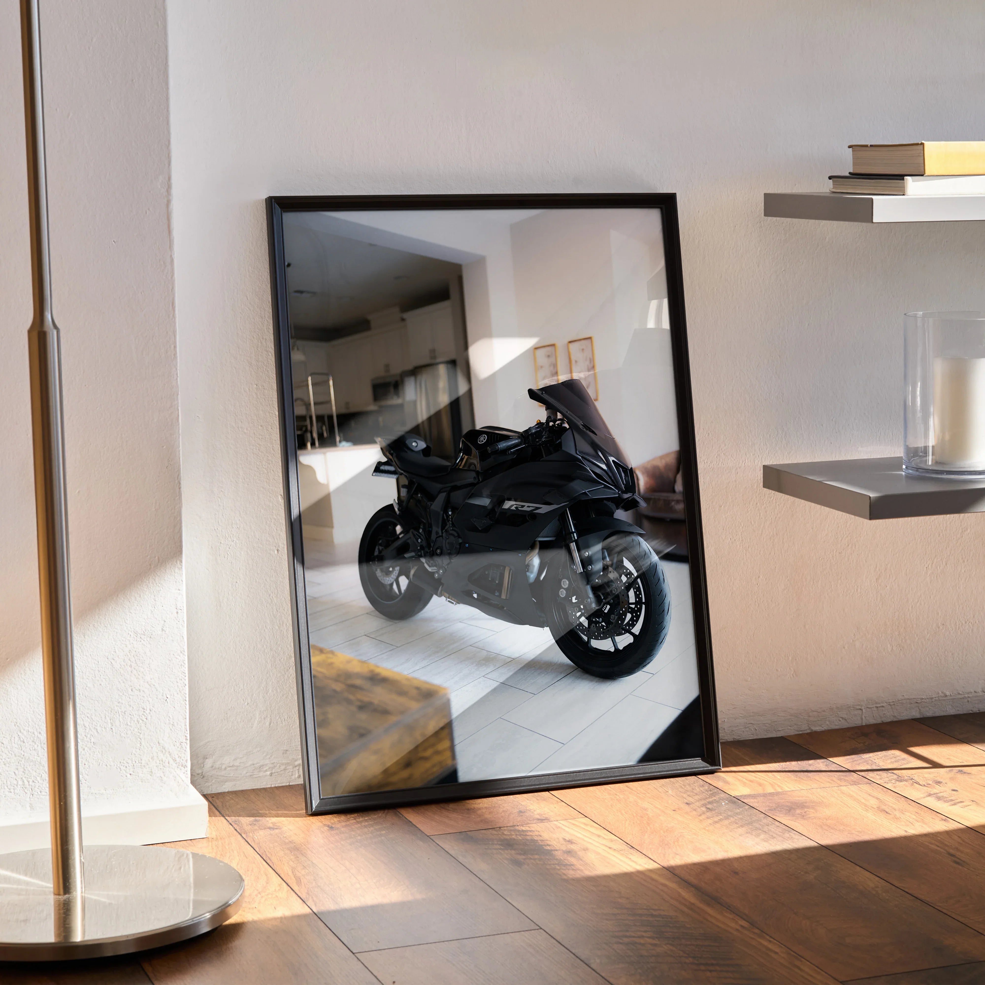 Yamaha R7 motorcycle poster leaning against wall with black frame and modern room reflection, wall art.