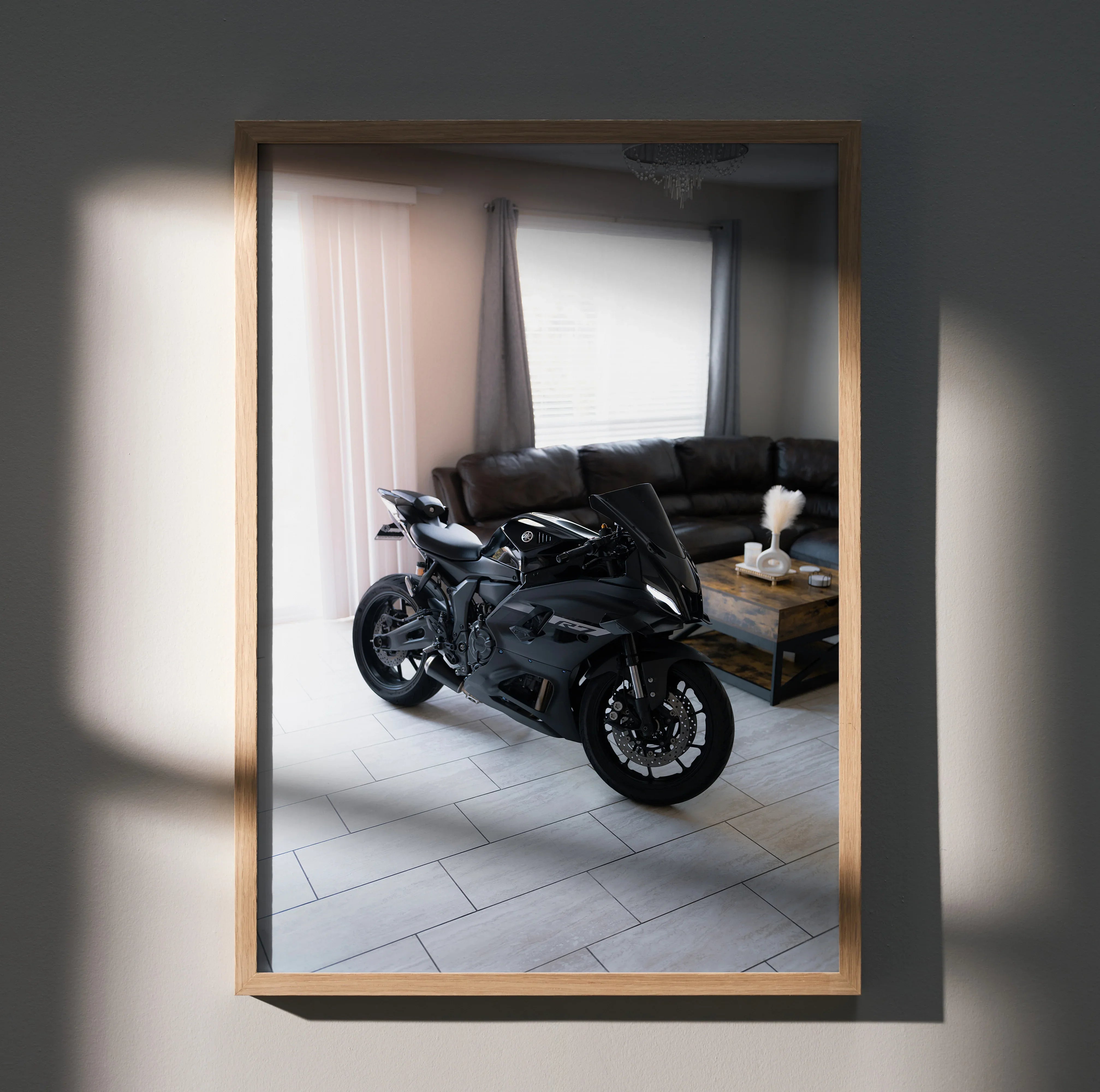 Yamaha R7 black sport motorcycle poster framed as wall art in modern living room setting.
