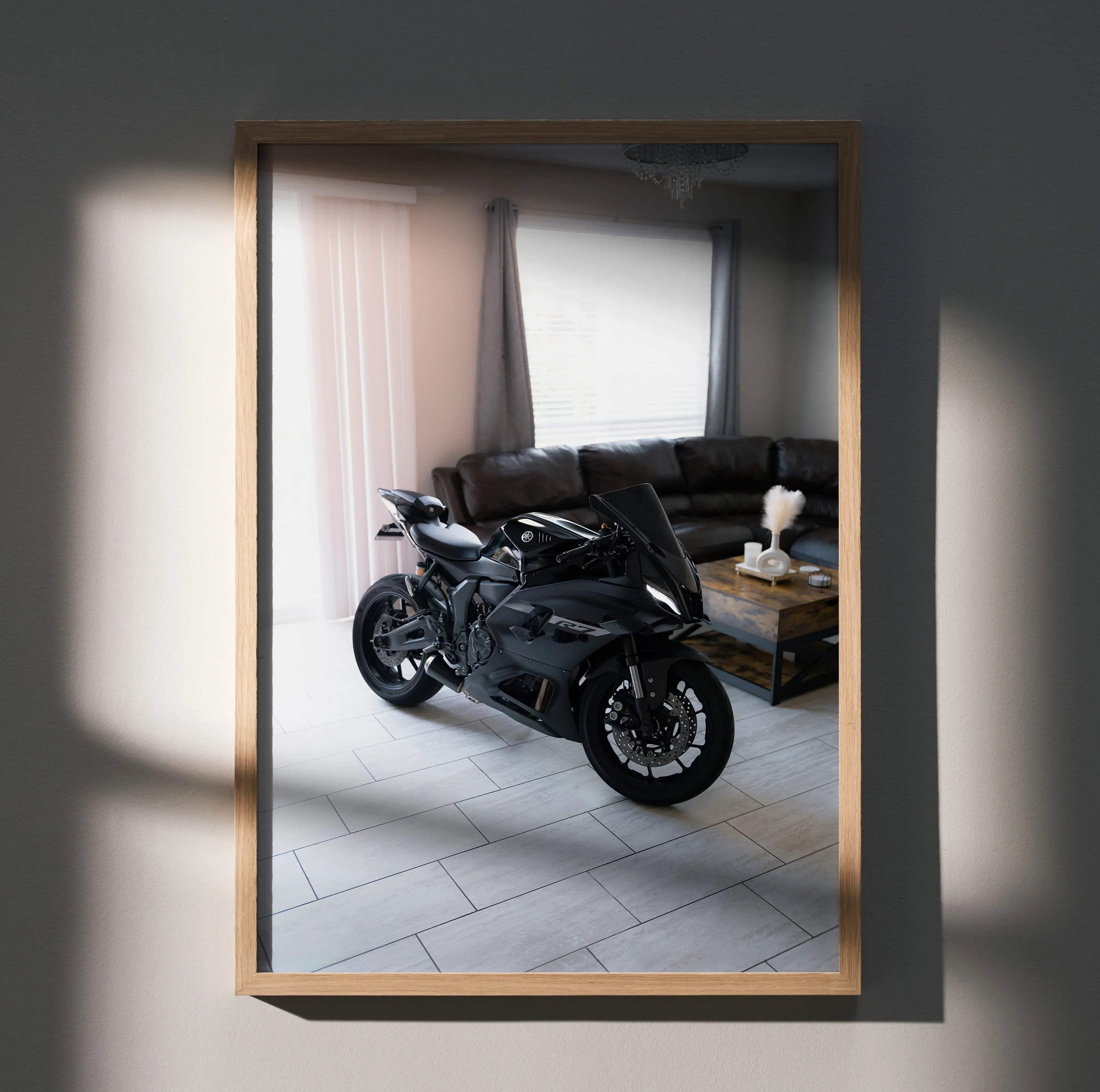 Framed photograph of a black yamaha r1 motorcycle as a high resolution yamaha r7 motorcycle poster #003