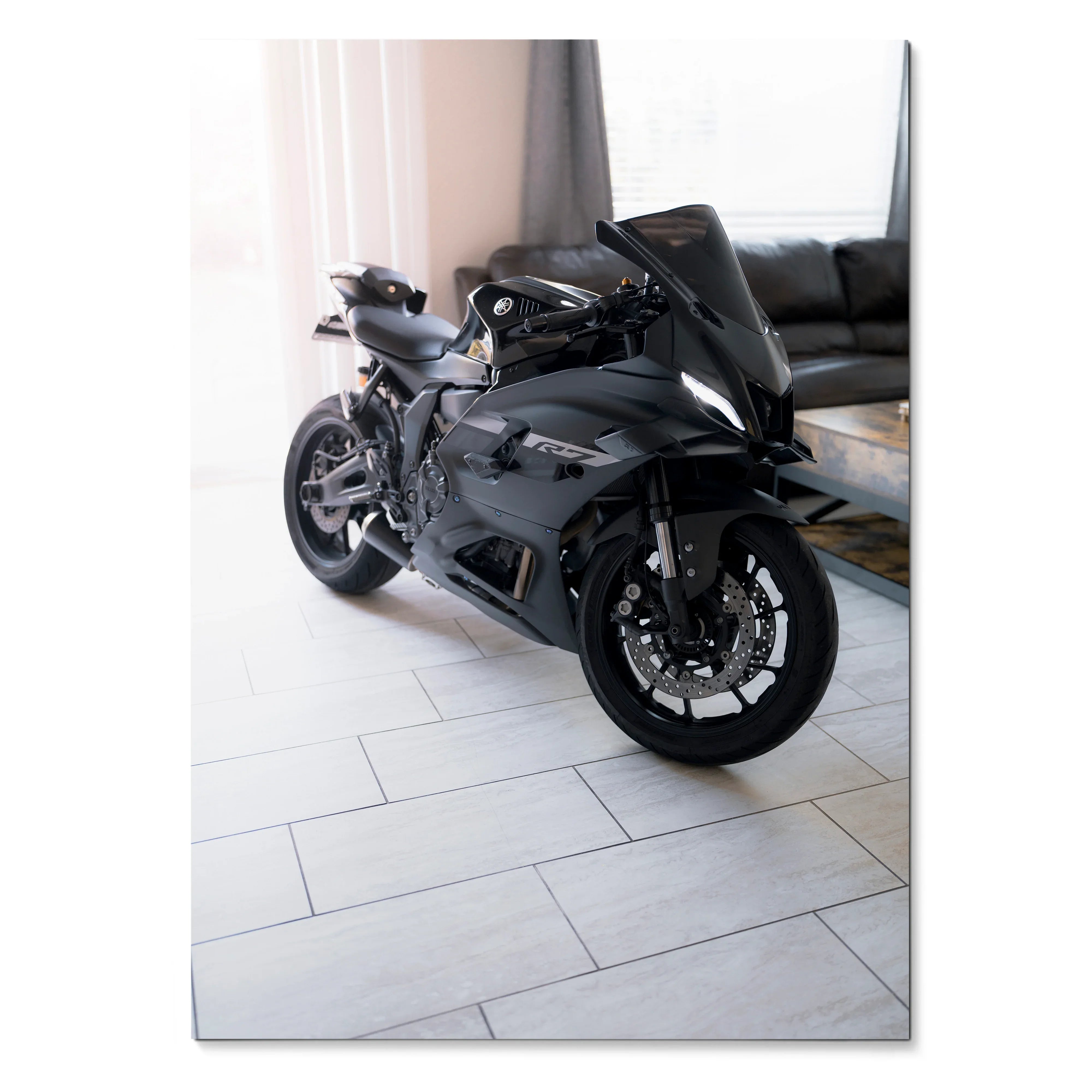 Yamaha R7 black sport motorcycle displayed in modern indoor setting poster wall art.