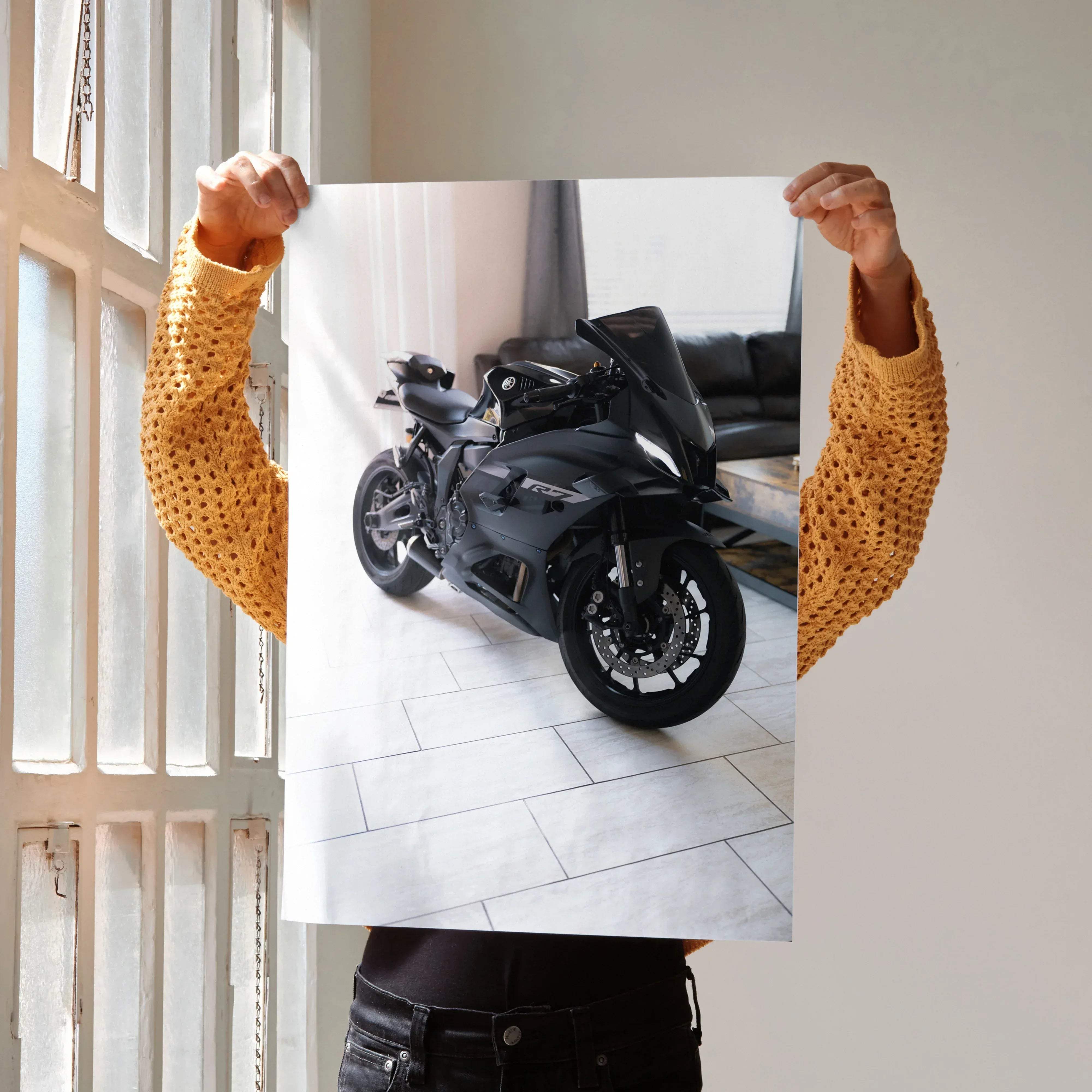 Black Yamaha R1 motorcycle poster featuring a high resolution image for Yamaha R7 enthusiasts in sleek design