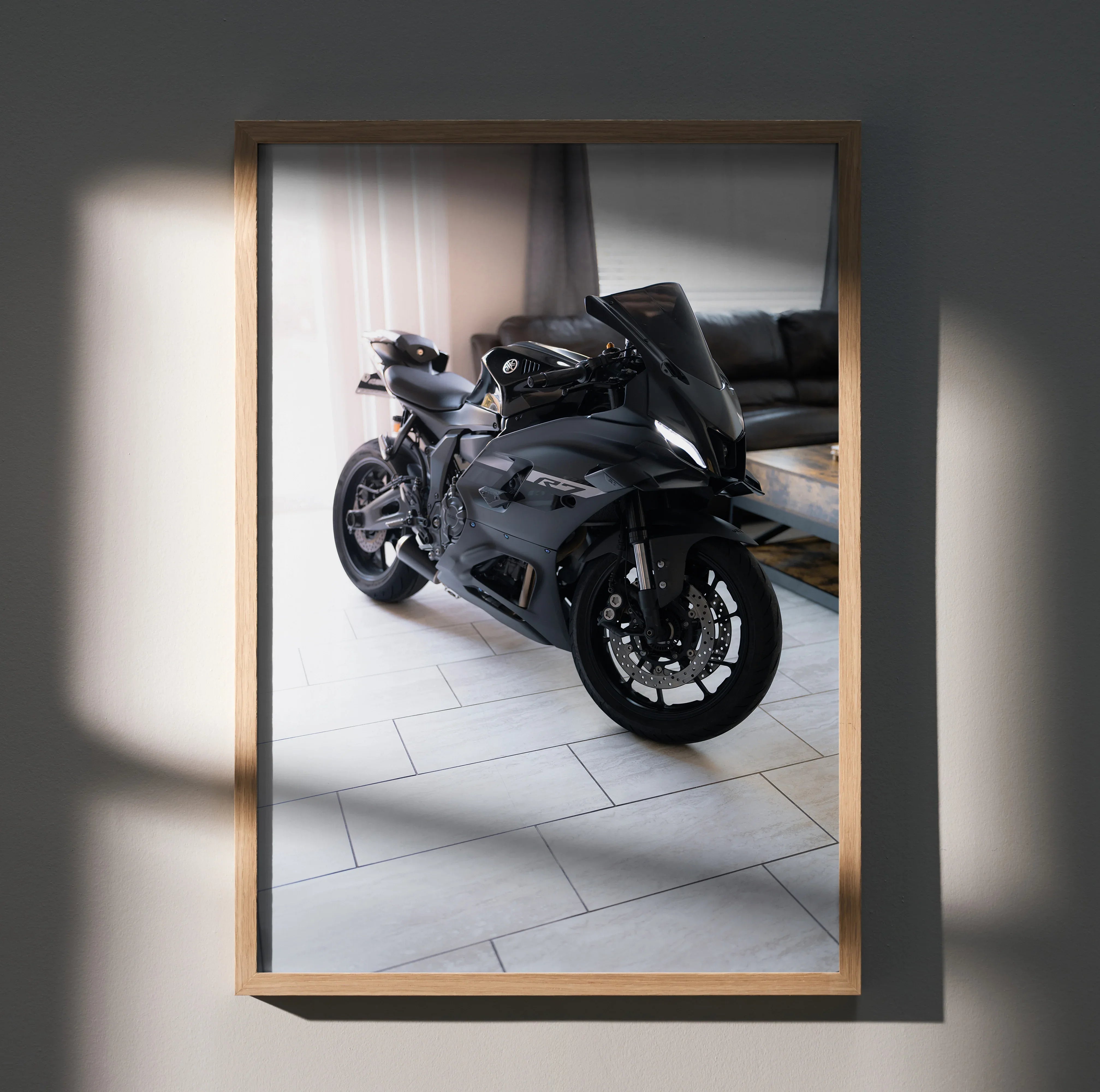 Yamaha R7 black sport motorcycle poster wall art in wooden frame hanging on wall.