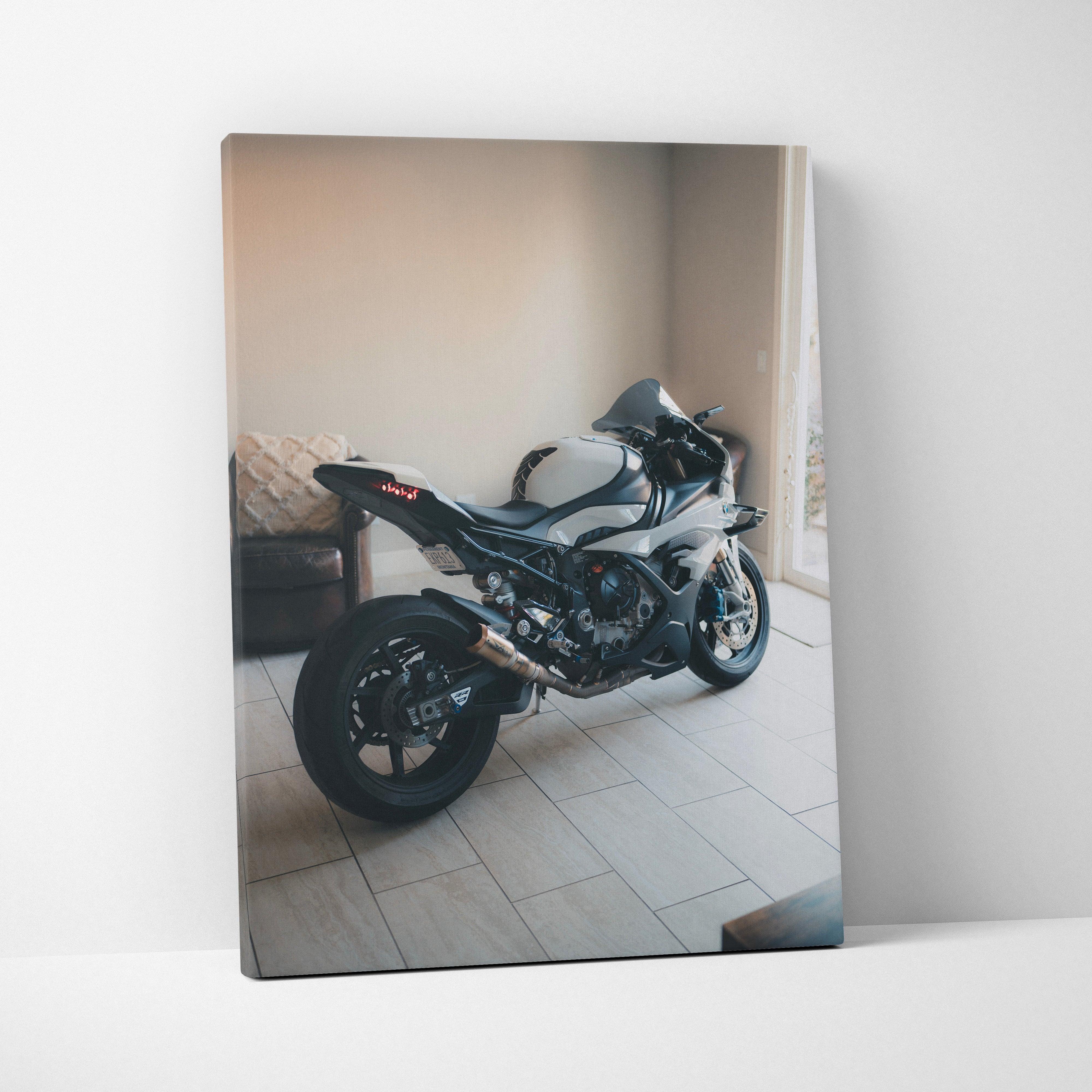 Vertical canvas art featuring a detailed BMW S1000RR motorcycle in grayscale, modern wall art.
