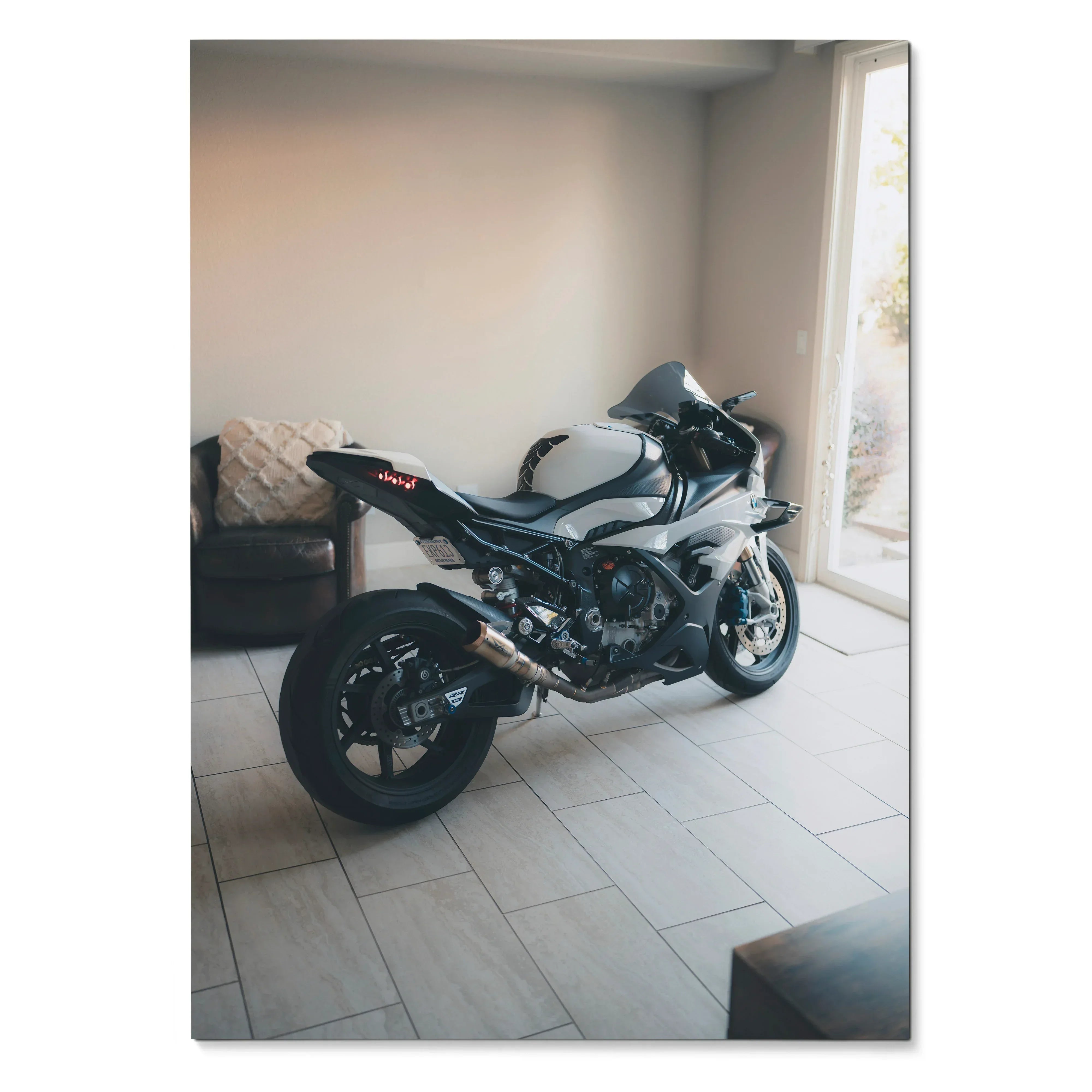 BMW S1000RR motorcycle poster showcasing sleek black and white bike in indoor setting wall art.