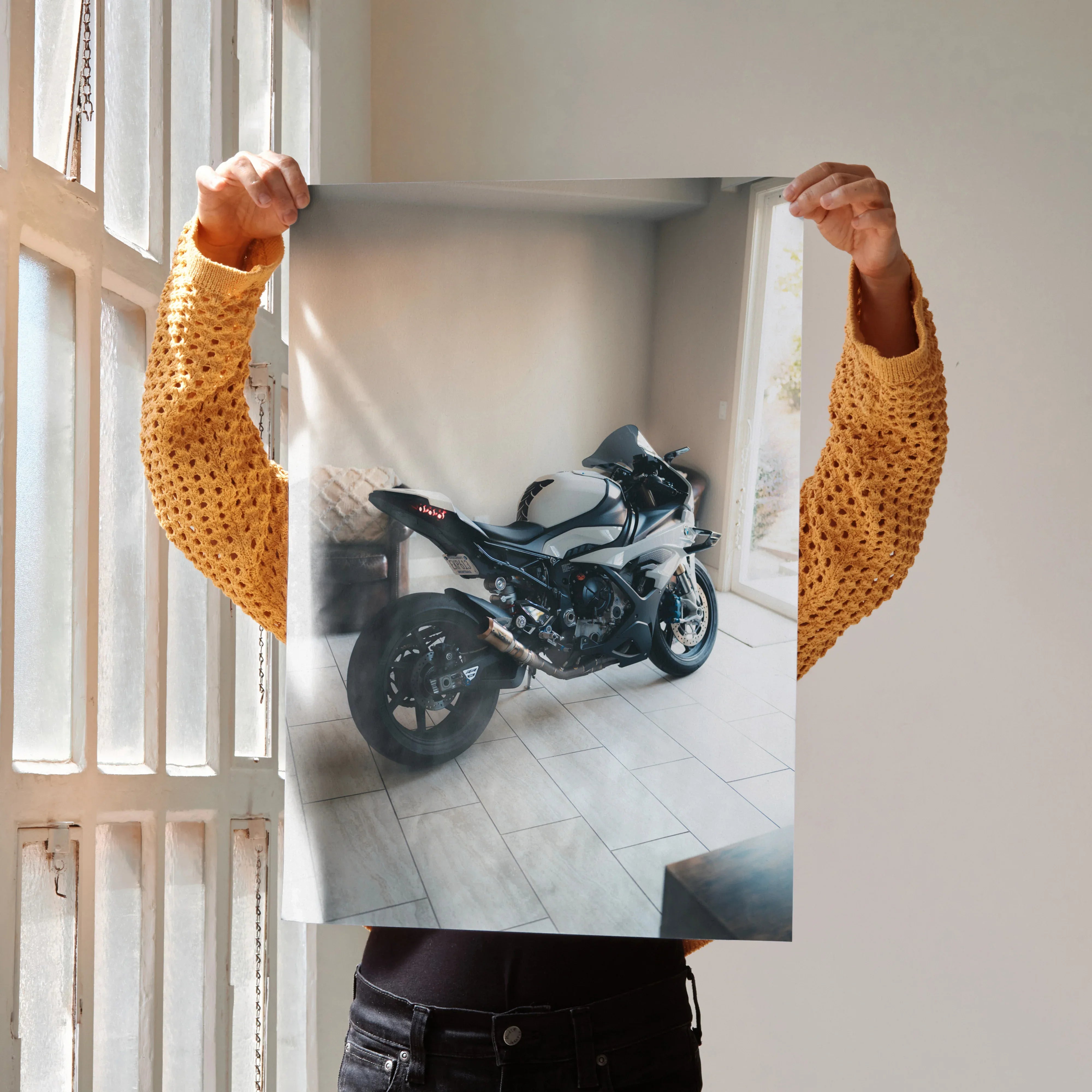 BMW S1000RR motorcycle poster with high-resolution detail, modern wall art for motorcycle enthusiasts.