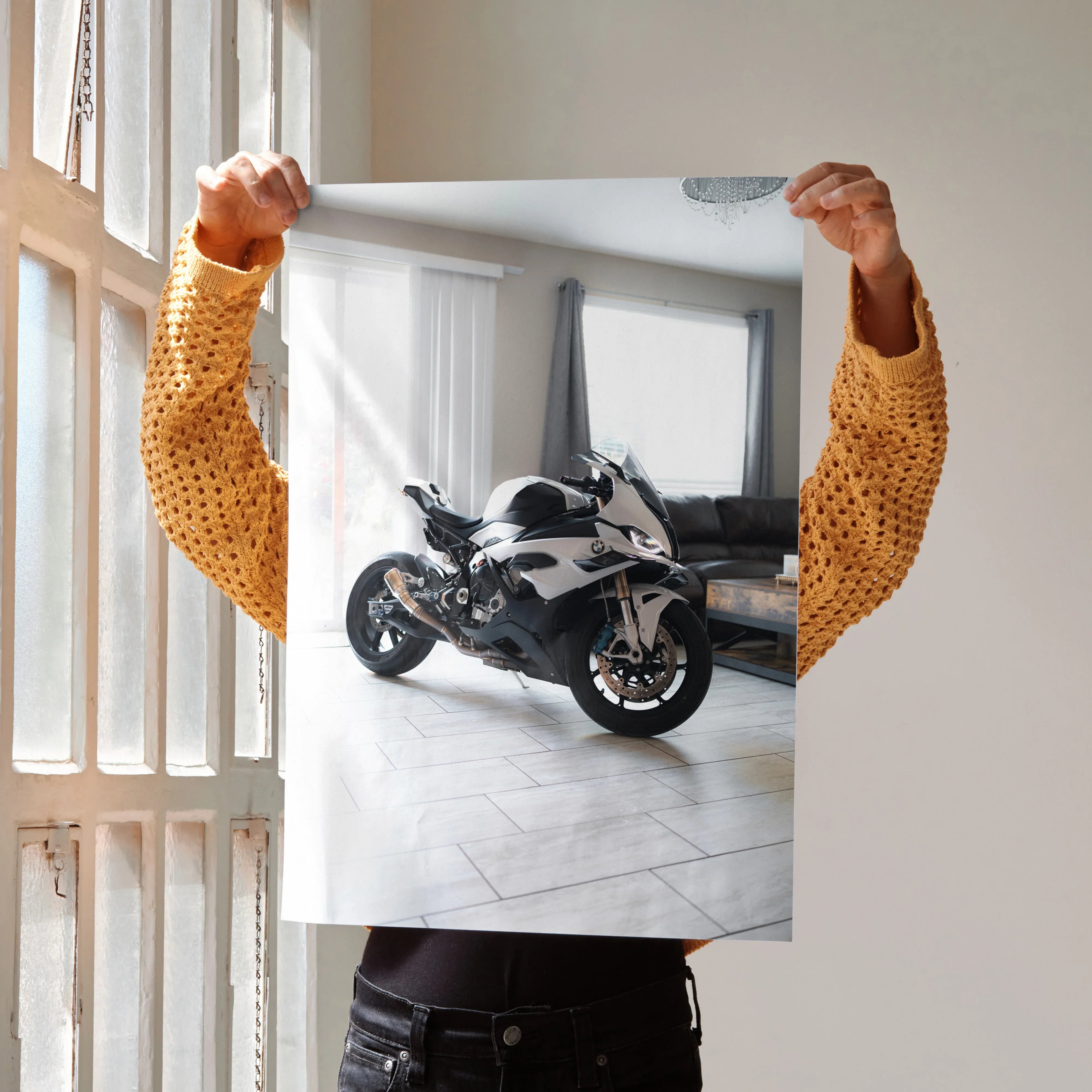 BMW S1000RR motorcycle poster with sleek black and white bike in minimalist room wall art.